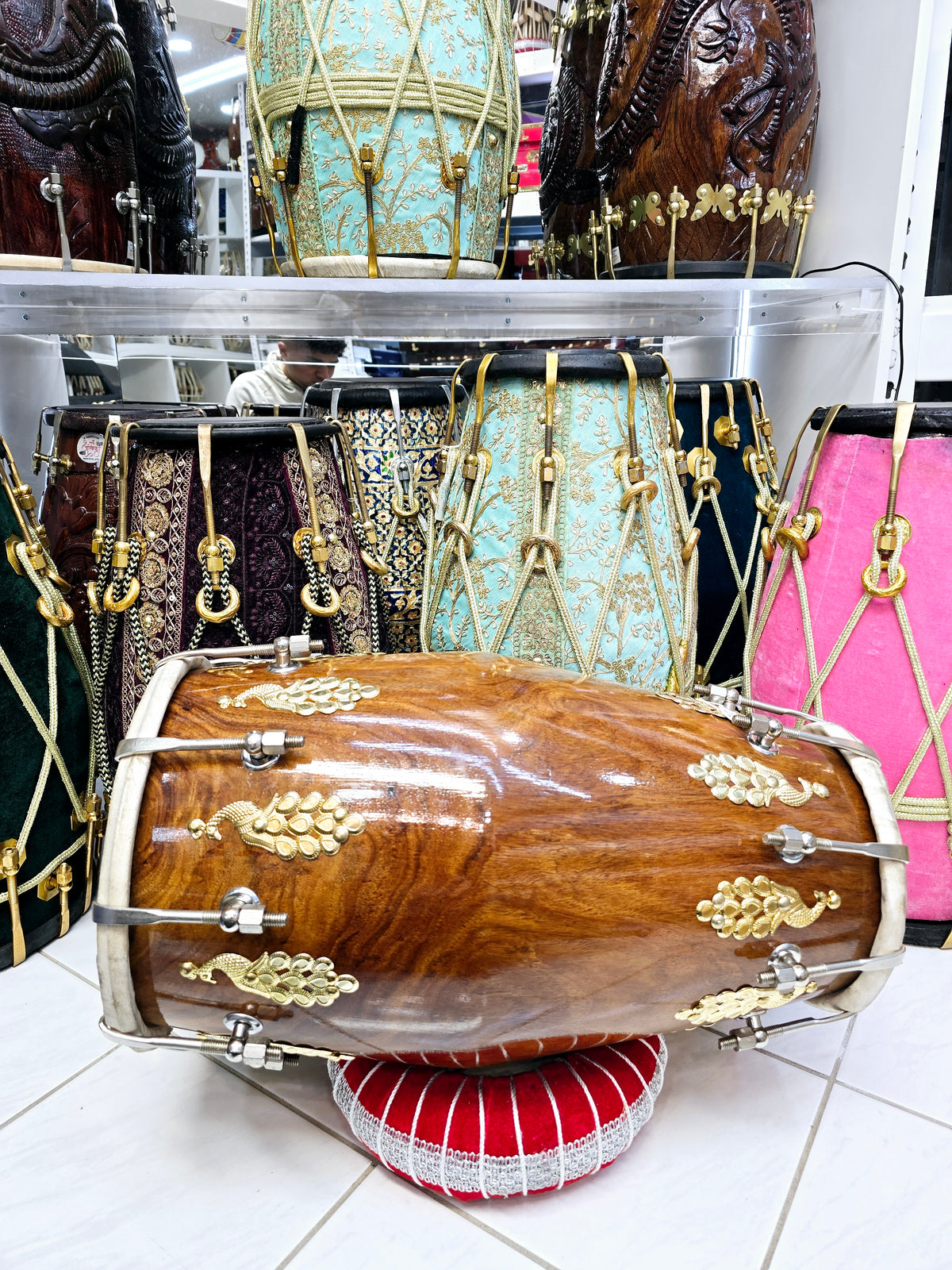 Mayurdhwani™ by Chetram Gill | Red Sheesham Dholak, 16 lbs with Gloss Finish, Golden Peacock Accent & Chrome Bolts