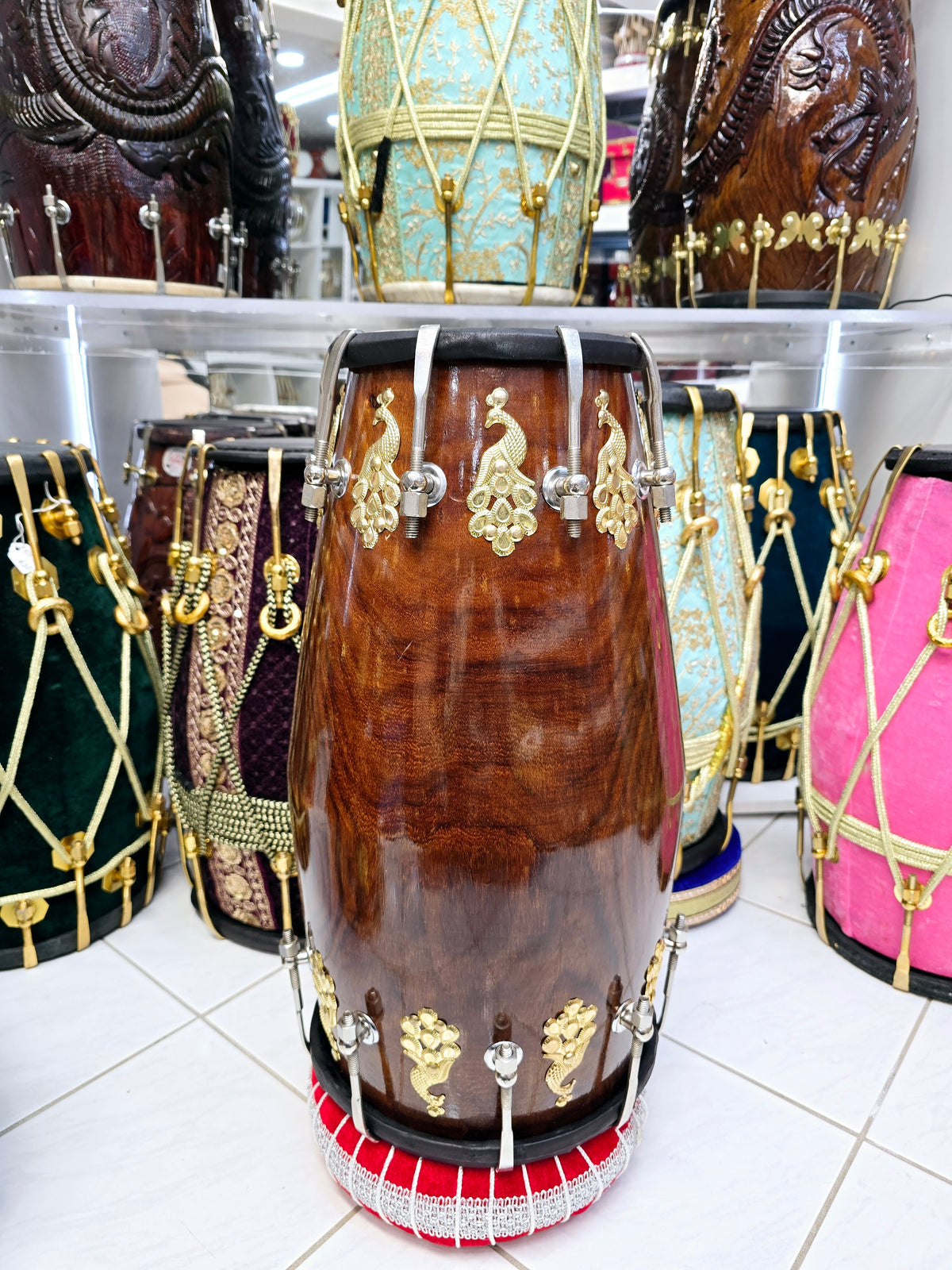 Custom Package Balance Link for Ashwien: Mayurdhwani Noir™ by Chetram Gill – Red Sheesham Dholak, 18 lbs with Black Skins, Golden Peacock Accent & Chrome Bolts + 2 Sets of Golden Bolts + 2 Replacement Skins + 3 Chetram Gill Skins