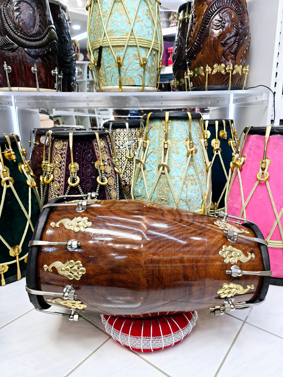 Custom Package Balance Link for Ashwien: Mayurdhwani Noir™ by Chetram Gill – Red Sheesham Dholak, 18 lbs with Black Skins, Golden Peacock Accent & Chrome Bolts + 2 Sets of Golden Bolts + 2 Replacement Skins + 3 Chetram Gill Skins