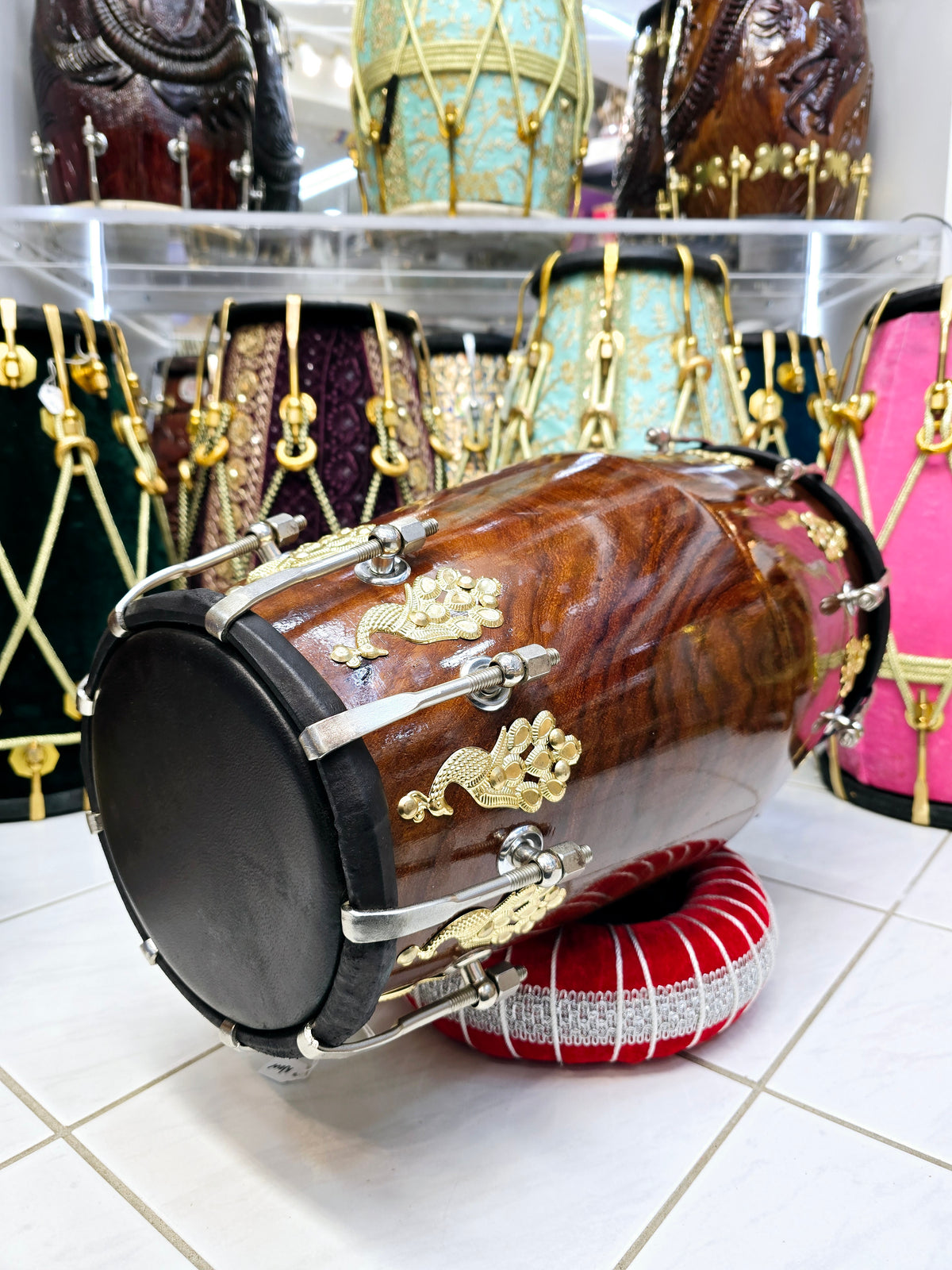 Custom Package Balance Link for Ashwien: Mayurdhwani Noir™ by Chetram Gill – Red Sheesham Dholak, 18 lbs with Black Skins, Golden Peacock Accent & Chrome Bolts + 2 Sets of Golden Bolts + 2 Replacement Skins + 3 Chetram Gill Skins