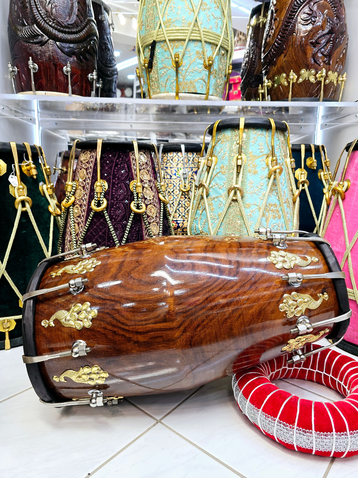 Custom Package Balance Link for Ashwien: Mayurdhwani Noir™ by Chetram Gill – Red Sheesham Dholak, 18 lbs with Black Skins, Golden Peacock Accent & Chrome Bolts + 2 Sets of Golden Bolts + 2 Replacement Skins + 3 Chetram Gill Skins