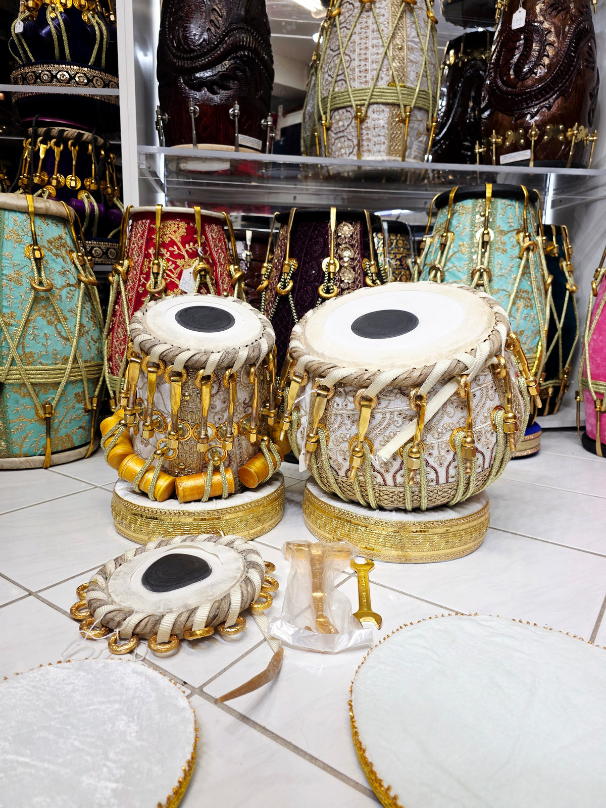 Shweta Naad — 5.75" C#/D Red Sheesham Dayan + 9.25" Copper Bayan Bolted White Sherwani Tabla Set *Barely Noticeable Slightly Hissing Overtone