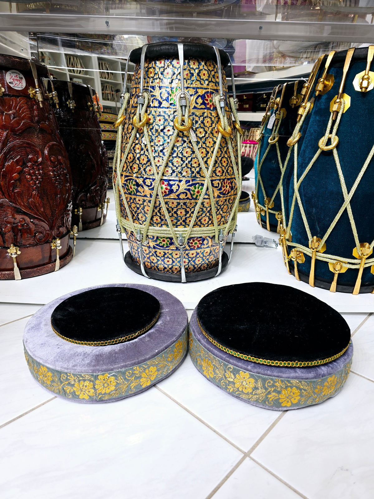 Ash Raag Tabla Ring Set – Grey-Gold Cushioned Bases + Black Top Covers *Minor Cosmetic Defects on Top Cover - Sangeet Store