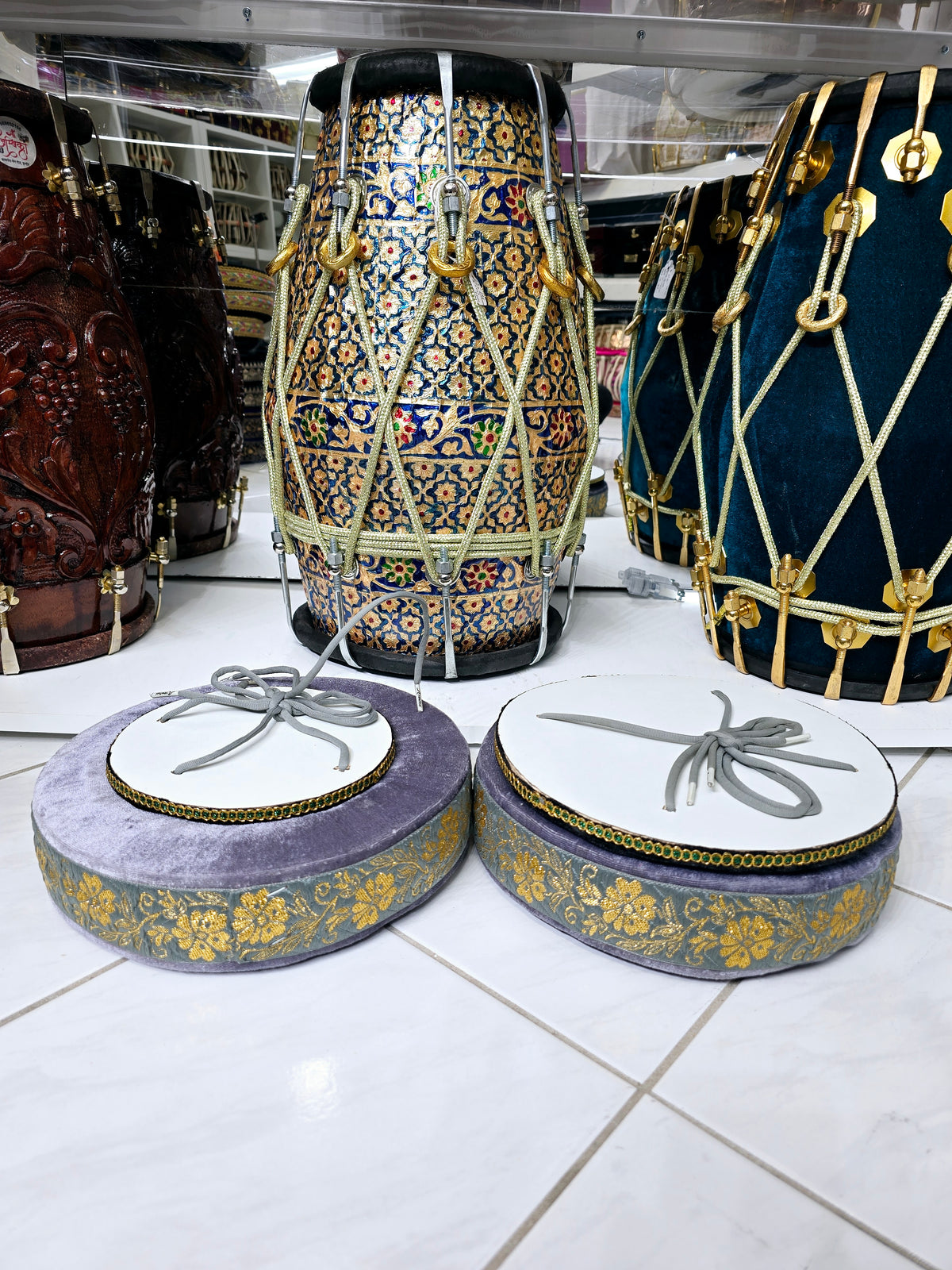 Ash Raag Tabla Ring Set – Grey-Gold Cushioned Bases + Black Top Covers *Minor Cosmetic Defects on Top Cover - Sangeet Store