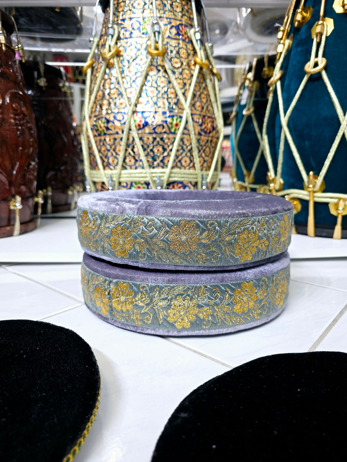Ash Raag Tabla Ring Set – Grey-Gold Cushioned Bases + Black Top Covers *Minor Cosmetic Defects on Top Cover - Sangeet Store