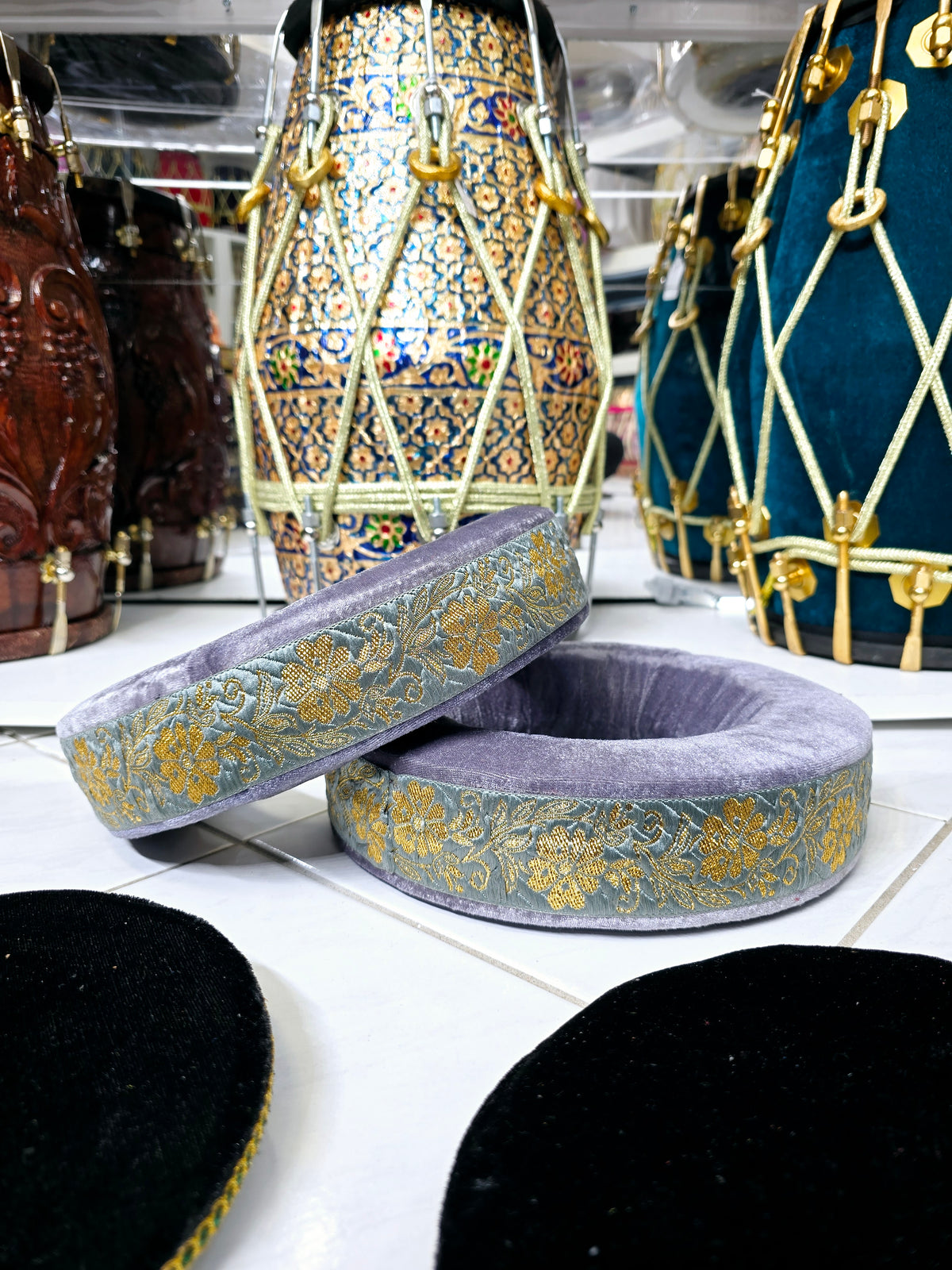 Ash Raag Tabla Ring Set – Grey-Gold Cushioned Bases + Black Top Covers *Minor Cosmetic Defects on Top Cover - Sangeet Store