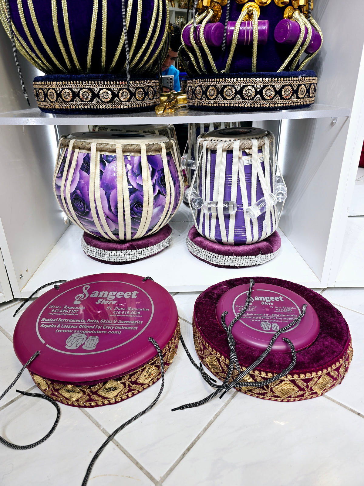 AmritRaga Tabla Ring Set – Burgundy Cushioned Bases with Golden Motif Trim + Dual-Tone Top Covers - Sangeet Store