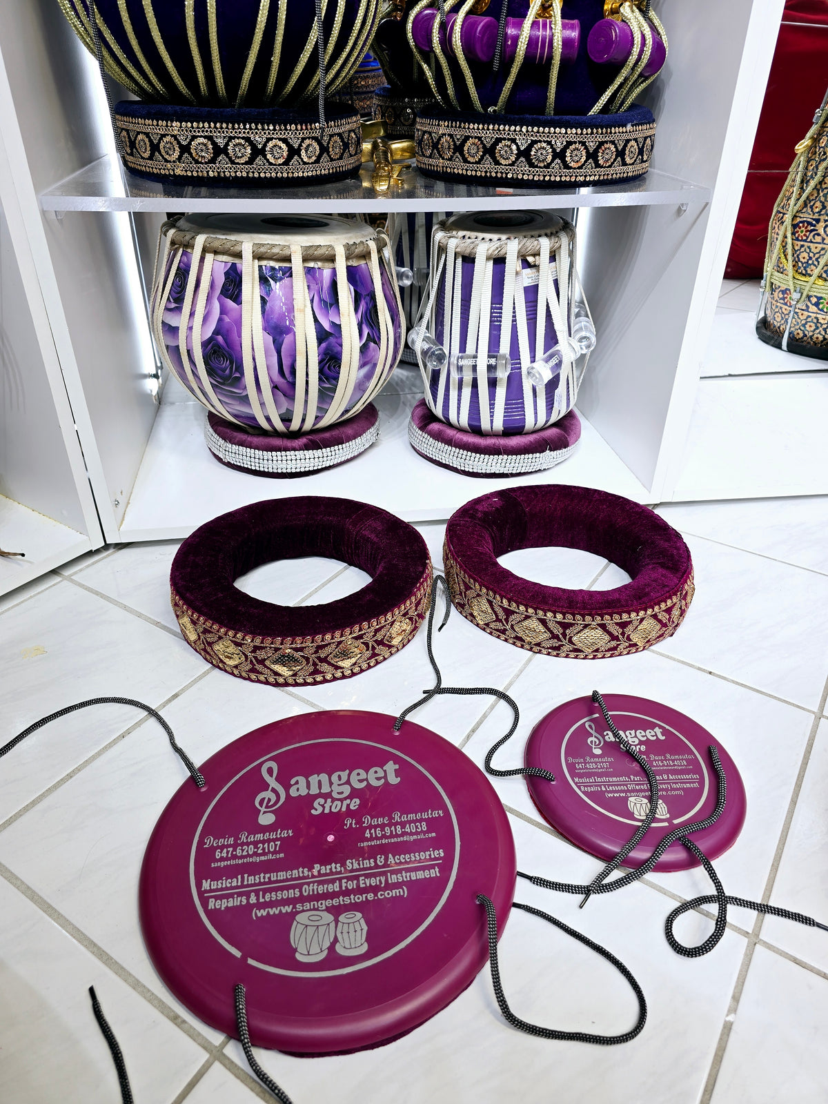 AmritRaga Tabla Ring Set – Burgundy Cushioned Bases with Golden Motif Trim + Dual-Tone Top Covers - Sangeet Store