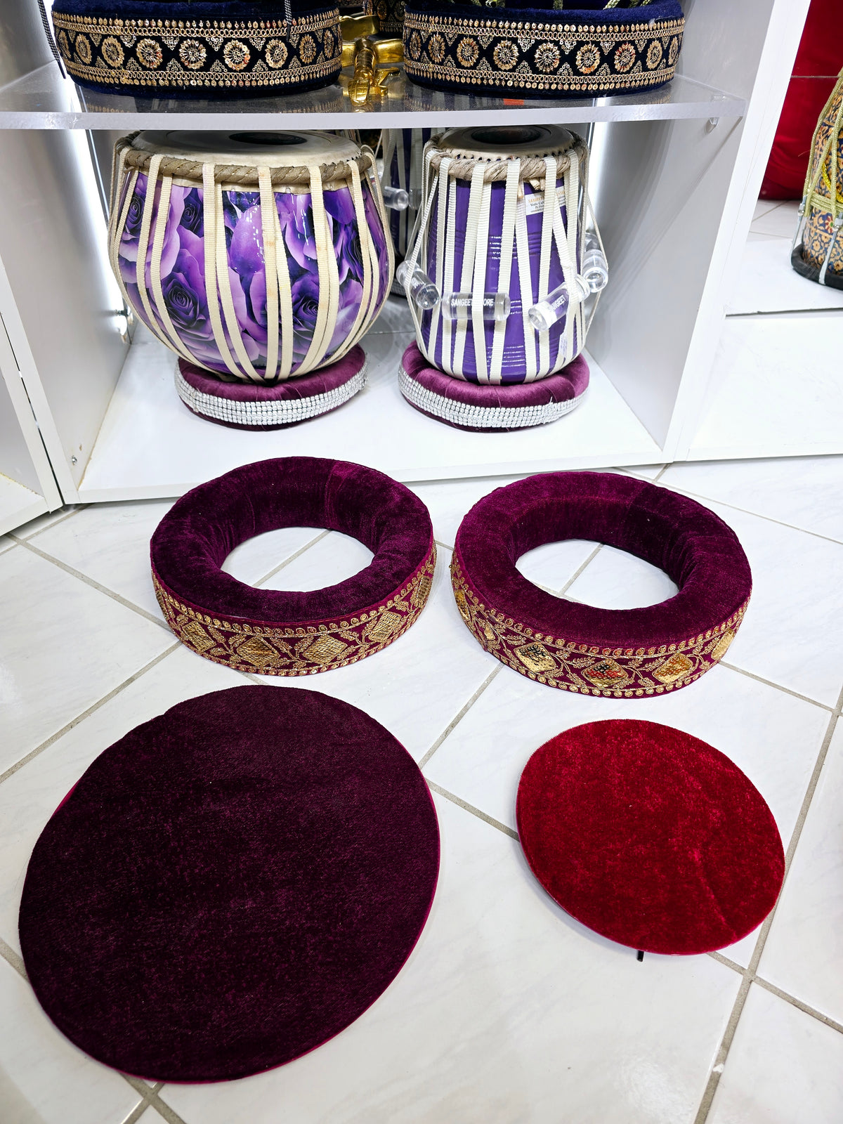 AmritRaga Tabla Ring Set – Burgundy Cushioned Bases with Golden Motif Trim + Dual-Tone Top Covers - Sangeet Store