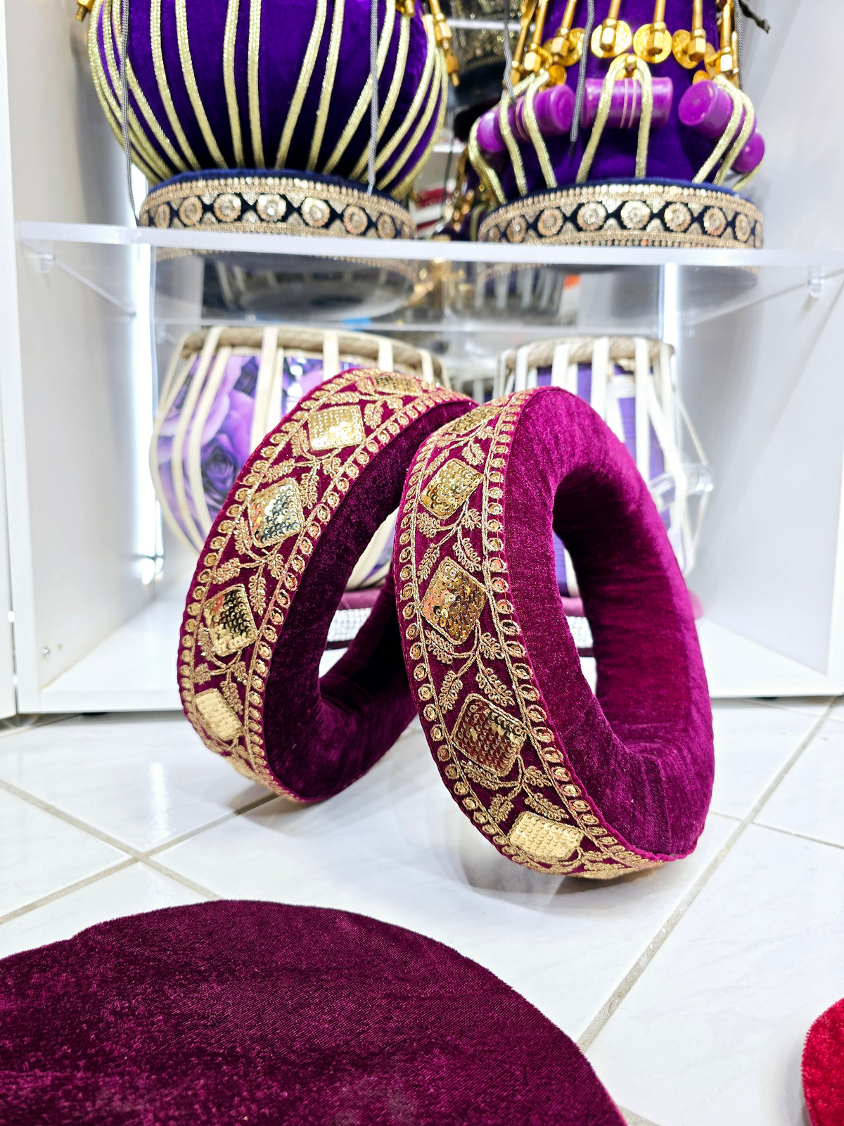 AmritRaga Tabla Ring Set – Burgundy Cushioned Bases with Golden Motif Trim + Dual-Tone Top Covers - Sangeet Store