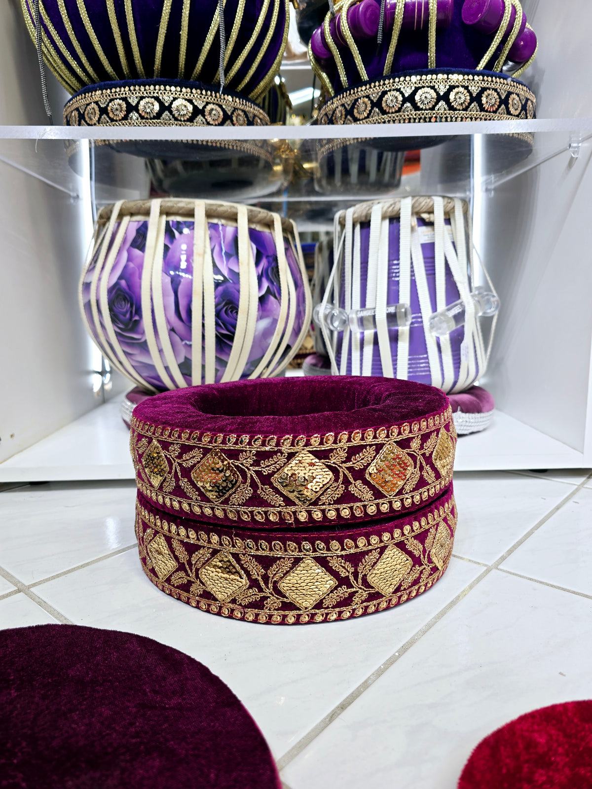 AmritRaga Tabla Ring Set – Burgundy Cushioned Bases with Golden Motif Trim + Dual-Tone Top Covers - Sangeet Store