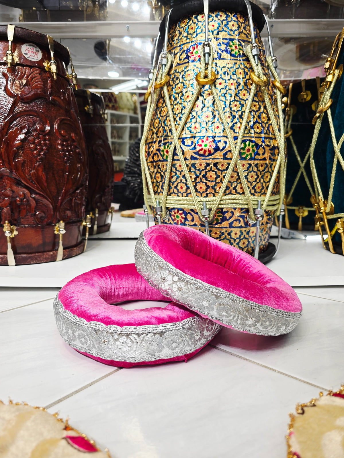 Gulabi Grace – Pink Velvet Tabla Ring & Floral Cover Set with Silver Trim *Minor Cosmetic Defects - Sangeet Store