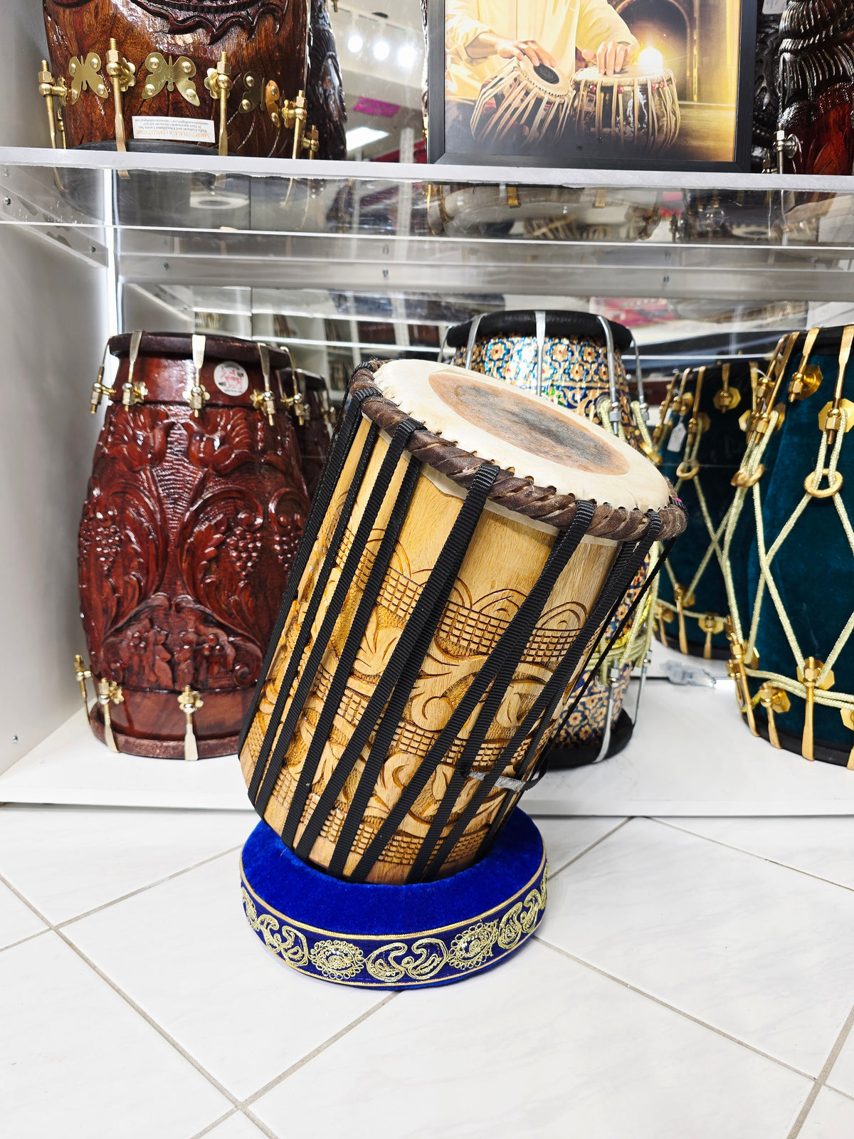 Bass Veda – Encarved Red Sheesham Dhamma (15.5" Height, 8.5" Top, 10lbs, Black Nylon Straps)