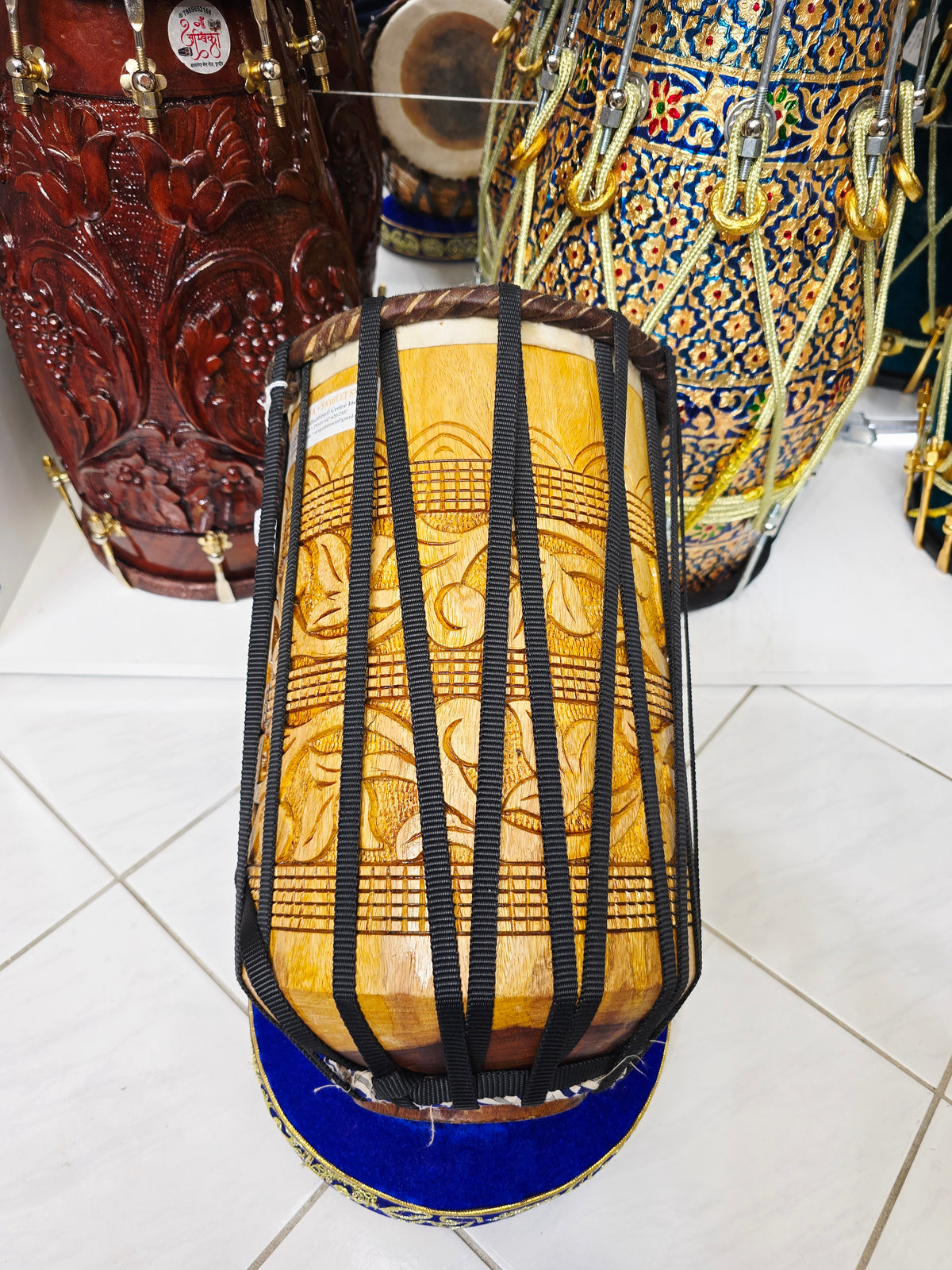 Bass Veda – Encarved Red Sheesham Dhamma (15.5" Height, 8.5" Top, 10lbs, Black Nylon Straps)