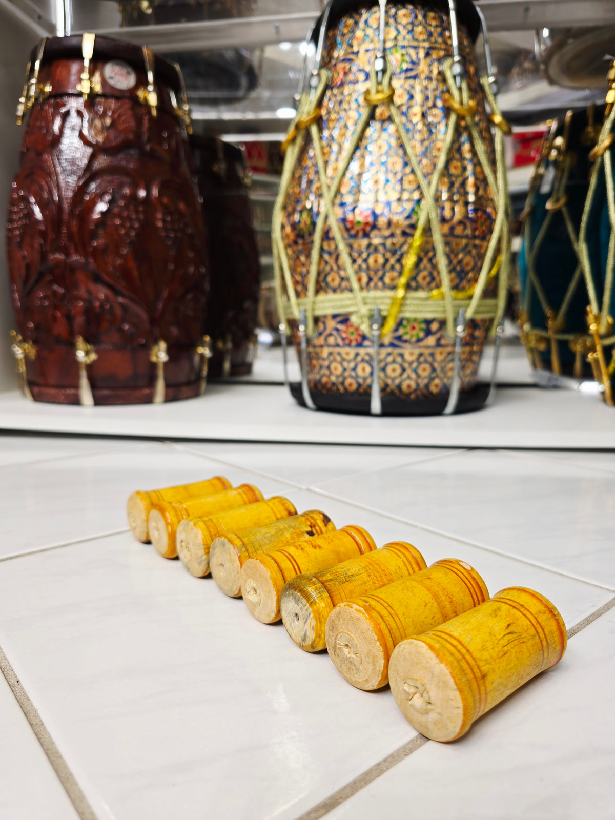 Yellow Wooden Dayan Ghattas (8-Piece Set) - Sangeet Store