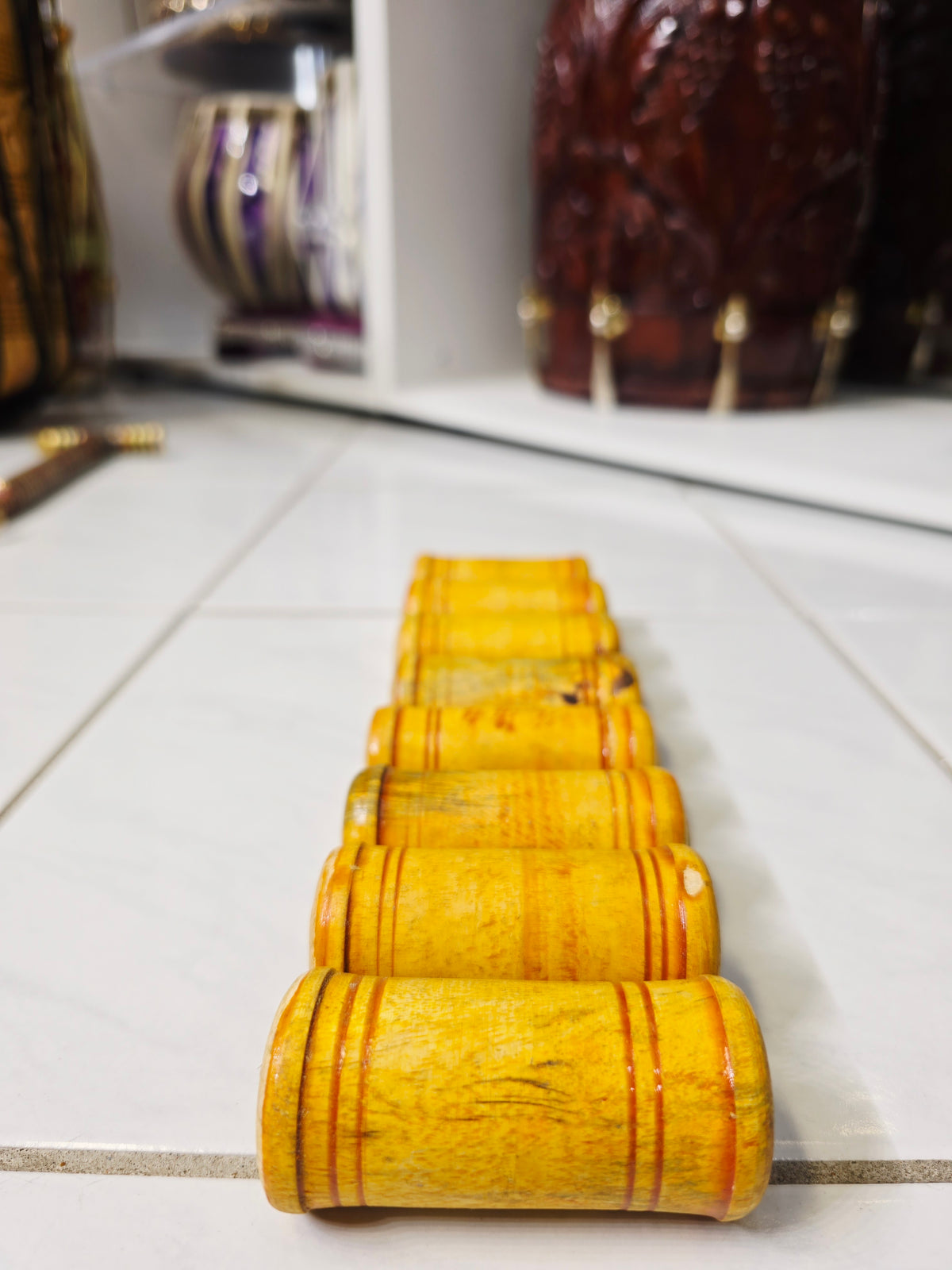 Yellow Wooden Dayan Ghattas (8-Piece Set) - Sangeet Store