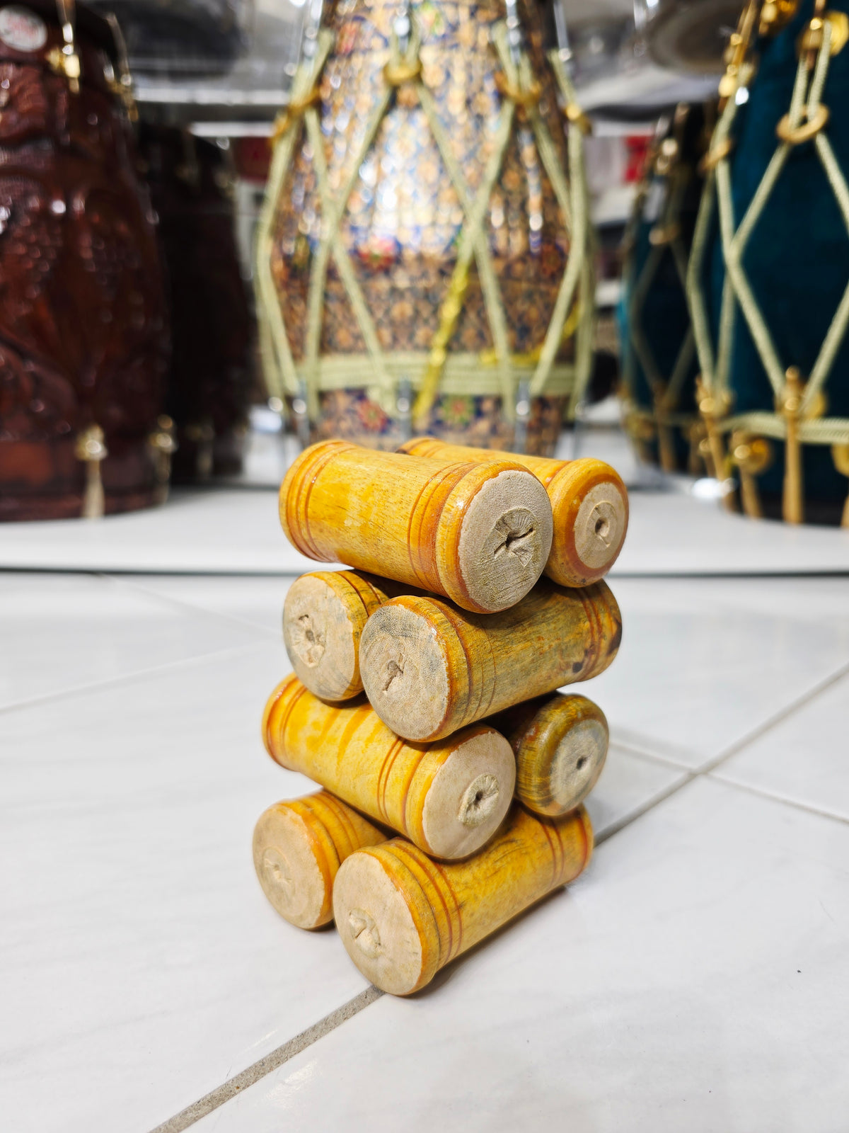 Yellow Wooden Dayan Ghattas (8-Piece Set) - Sangeet Store