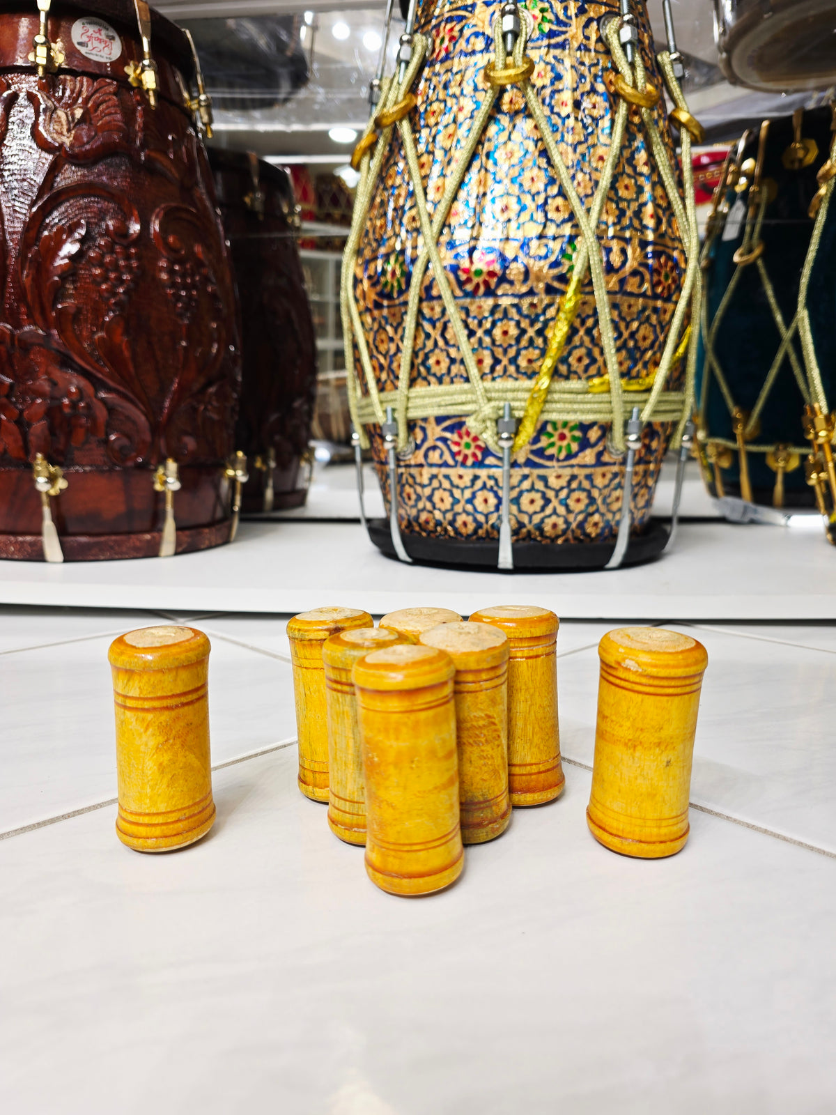 Yellow Wooden Dayan Ghattas (8-Piece Set) - Sangeet Store
