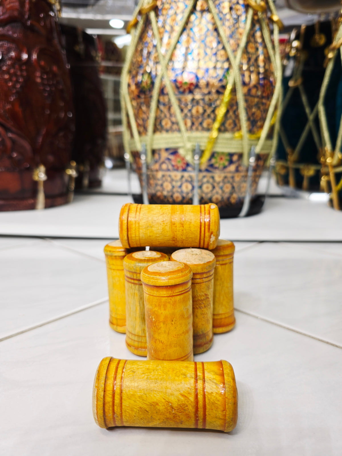 Yellow Wooden Dayan Ghattas (8-Piece Set) - Sangeet Store