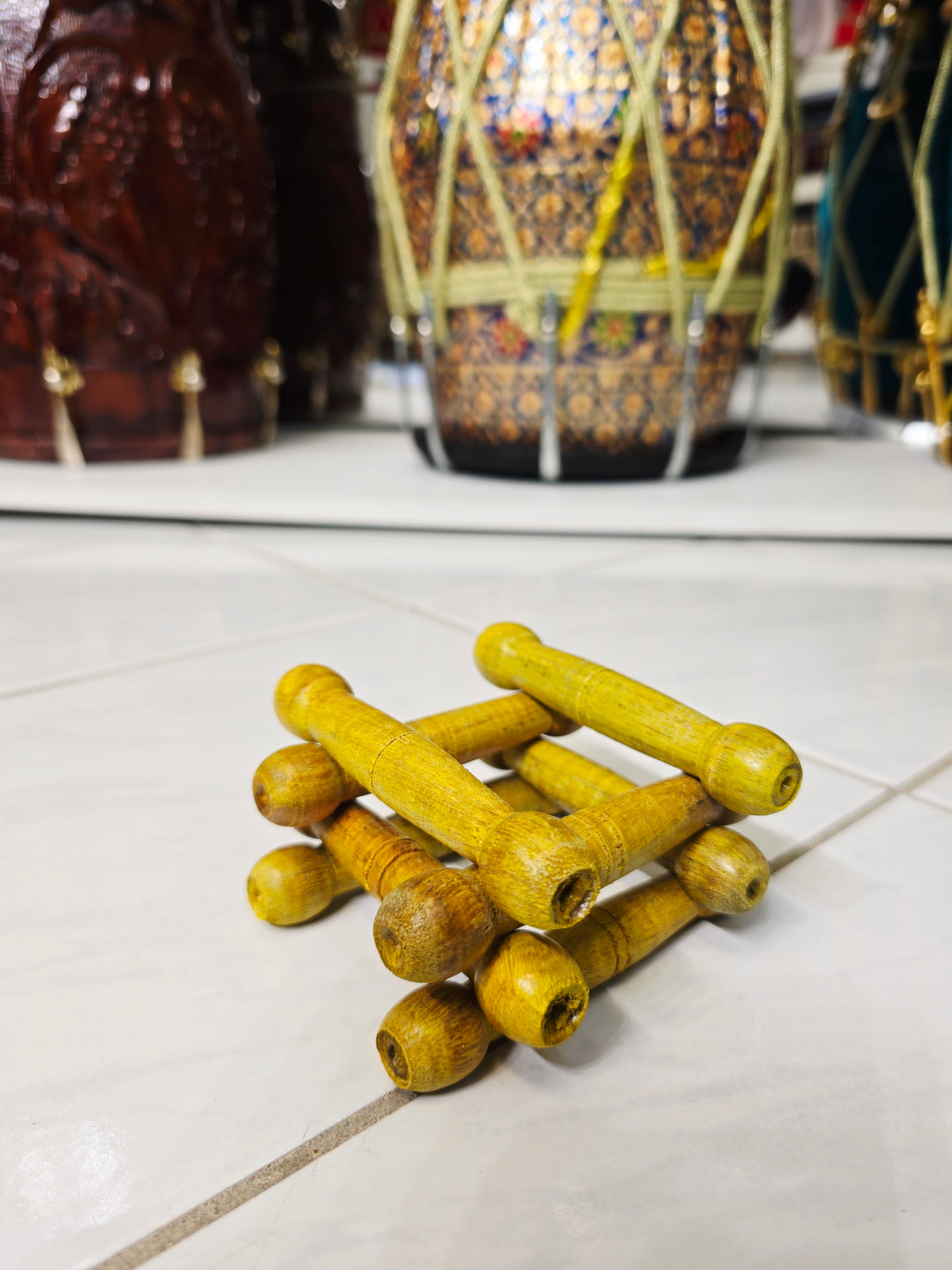Yellow Wooden Bayan Ghattas (8 Piece Set) - Sangeet Store