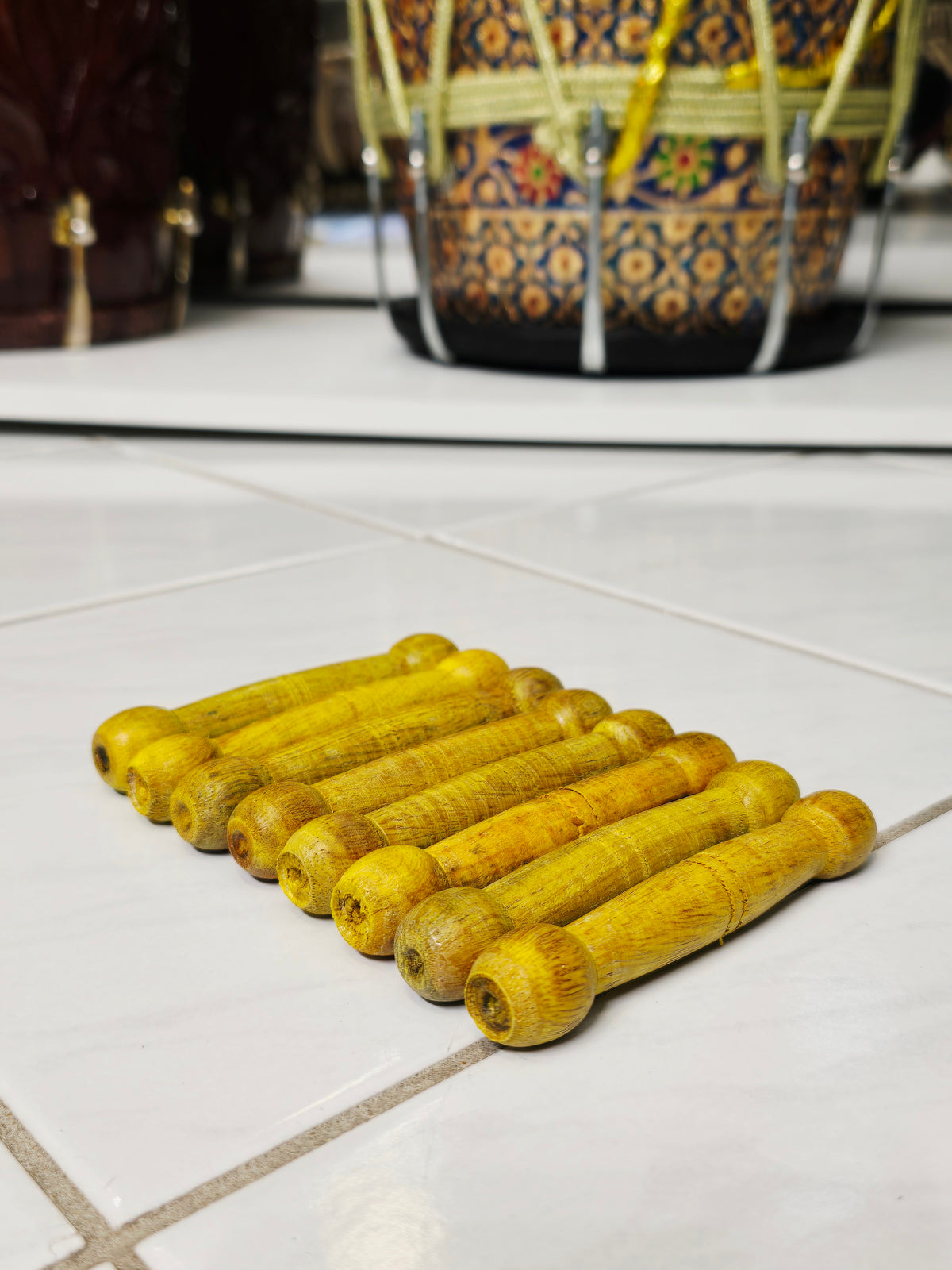 Yellow Wooden Bayan Ghattas (8 Piece Set) - Sangeet Store