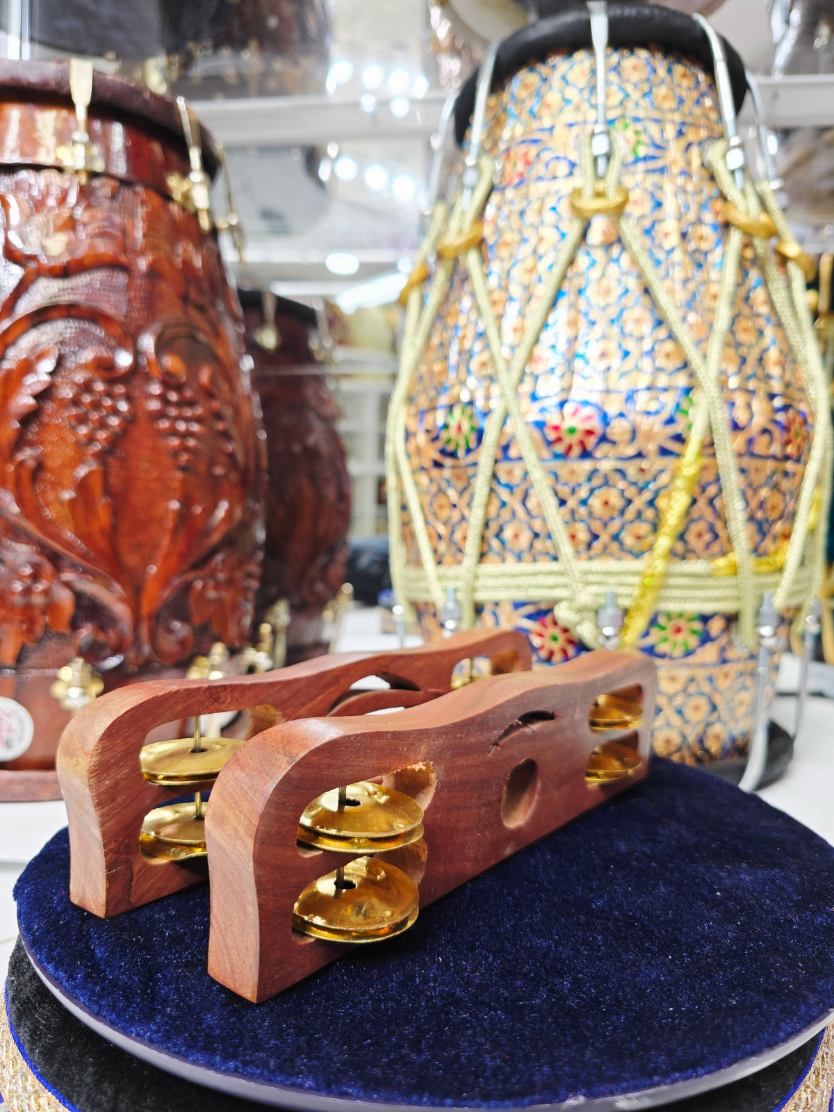 Taal Rath – Premium Sculpted Wooden Hand Khartaal *With Metal bands on bottom (One band isn't fully flush with the wood)