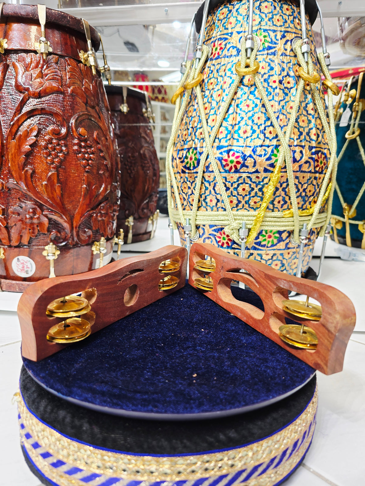 Taal Rath – Premium Sculpted Wooden Hand Khartaal *With Metal bands on bottom (One band isn't fully flush with the wood)