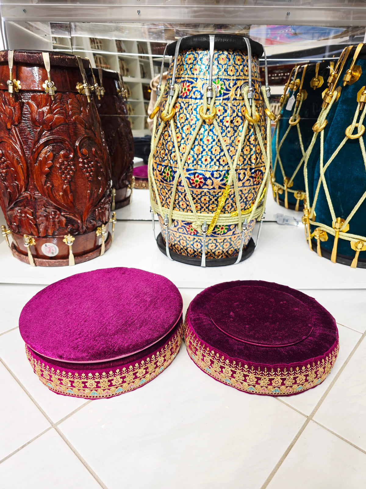 AmritRaga – Maroon Velvet Tabla Ring & Cover Set with Multicolor Embroidery - Sangeet Store
