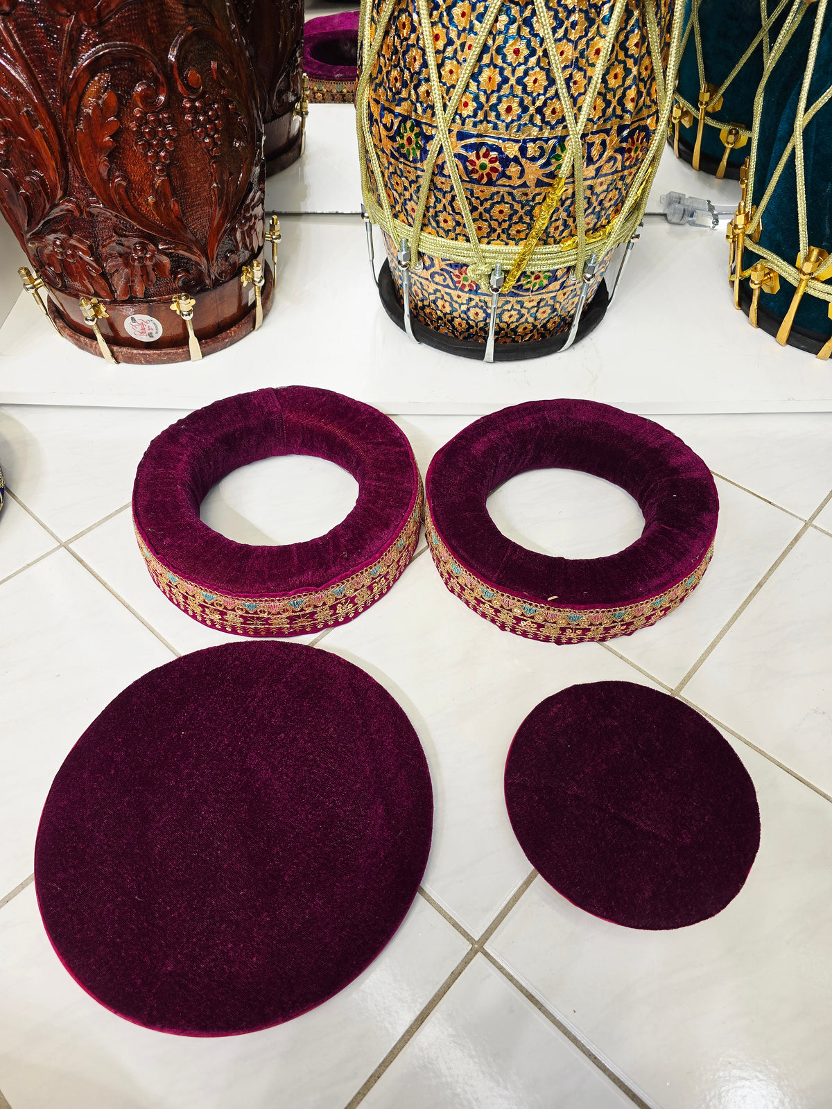 AmritRaga – Maroon Velvet Tabla Ring & Cover Set with Multicolor Embroidery - Sangeet Store