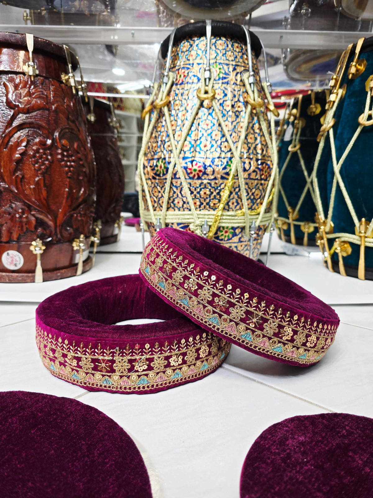 AmritRaga – Maroon Velvet Tabla Ring & Cover Set with Multicolor Embroidery - Sangeet Store
