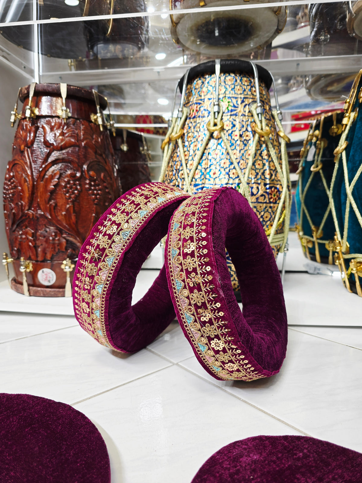 AmritRaga – Maroon Velvet Tabla Ring & Cover Set with Multicolor Embroidery - Sangeet Store