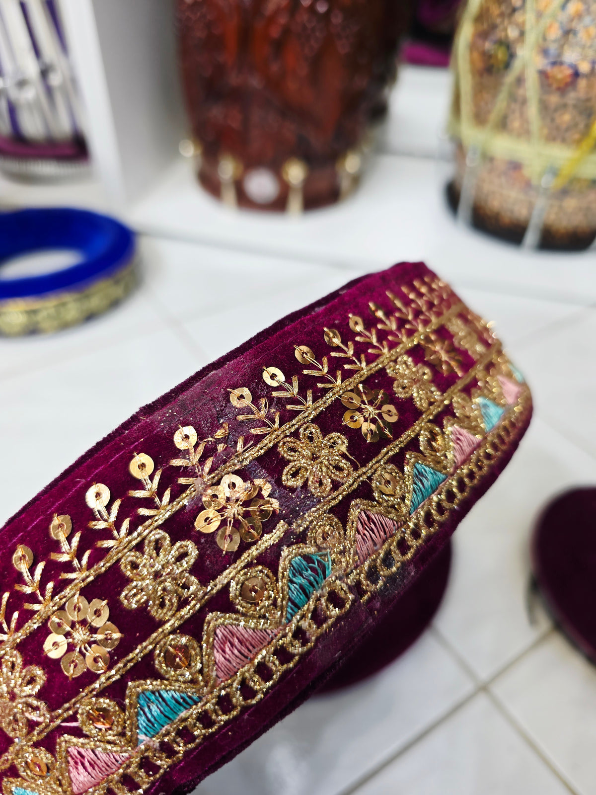 AmritRaga – Maroon Velvet Tabla Ring & Cover Set with Multicolor Embroidery - Sangeet Store