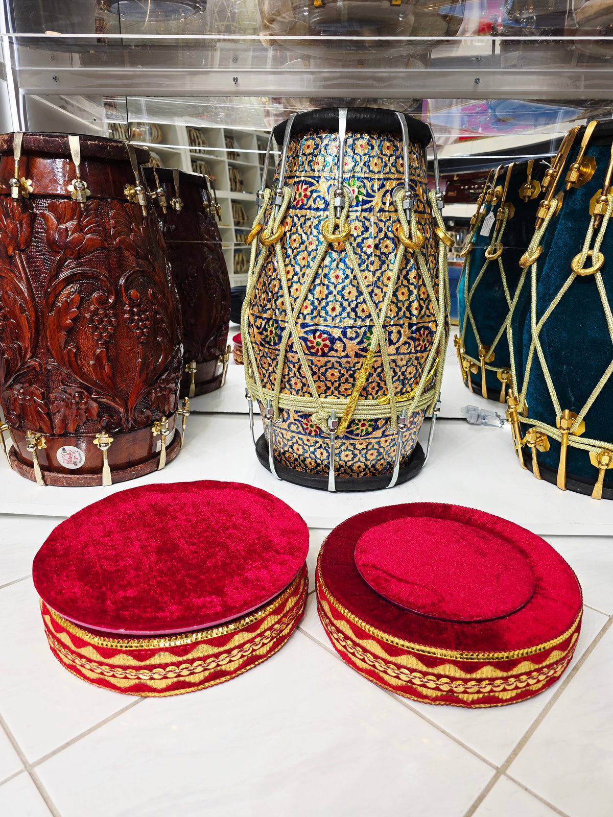 SurLalima – Crimson Red Tabla Ring & Cover Set with Gold Vine Embroidery - Sangeet Store