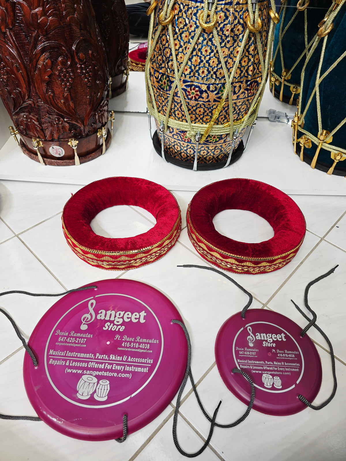 SurLalima – Crimson Red Tabla Ring & Cover Set with Gold Vine Embroidery - Sangeet Store