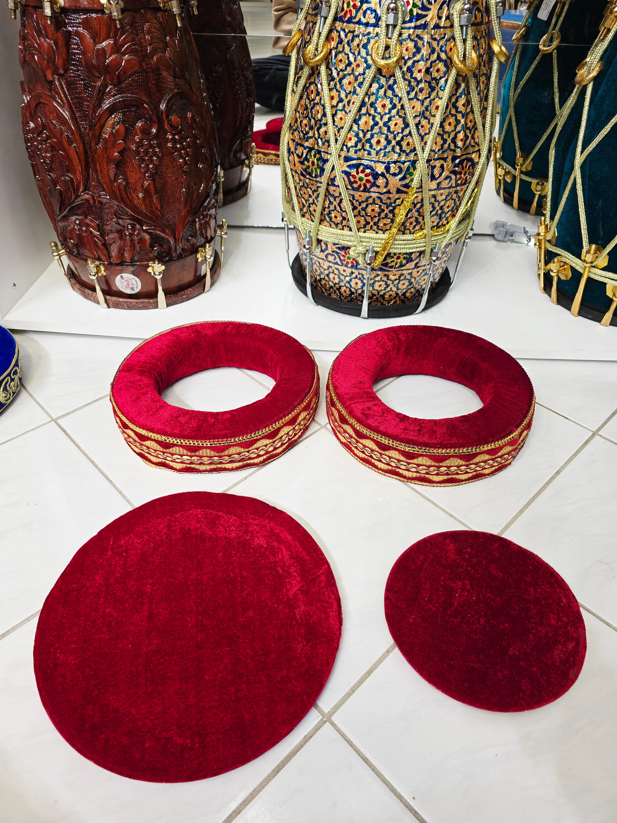 SurLalima – Crimson Red Tabla Ring & Cover Set with Gold Vine Embroidery - Sangeet Store