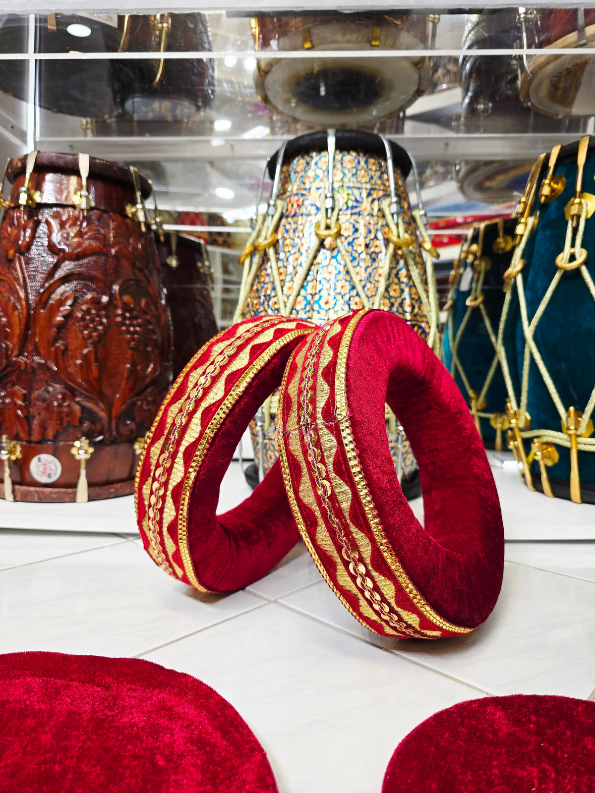 SurLalima – Crimson Red Tabla Ring & Cover Set with Gold Vine Embroidery - Sangeet Store