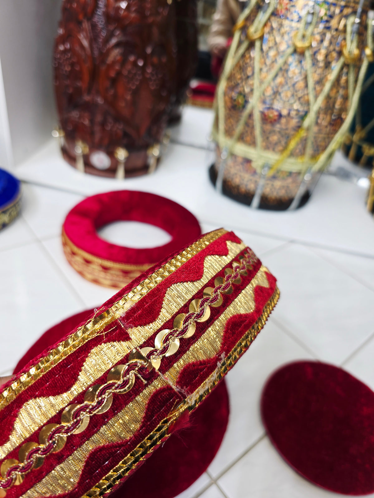 SurLalima – Crimson Red Tabla Ring & Cover Set with Gold Vine Embroidery - Sangeet Store