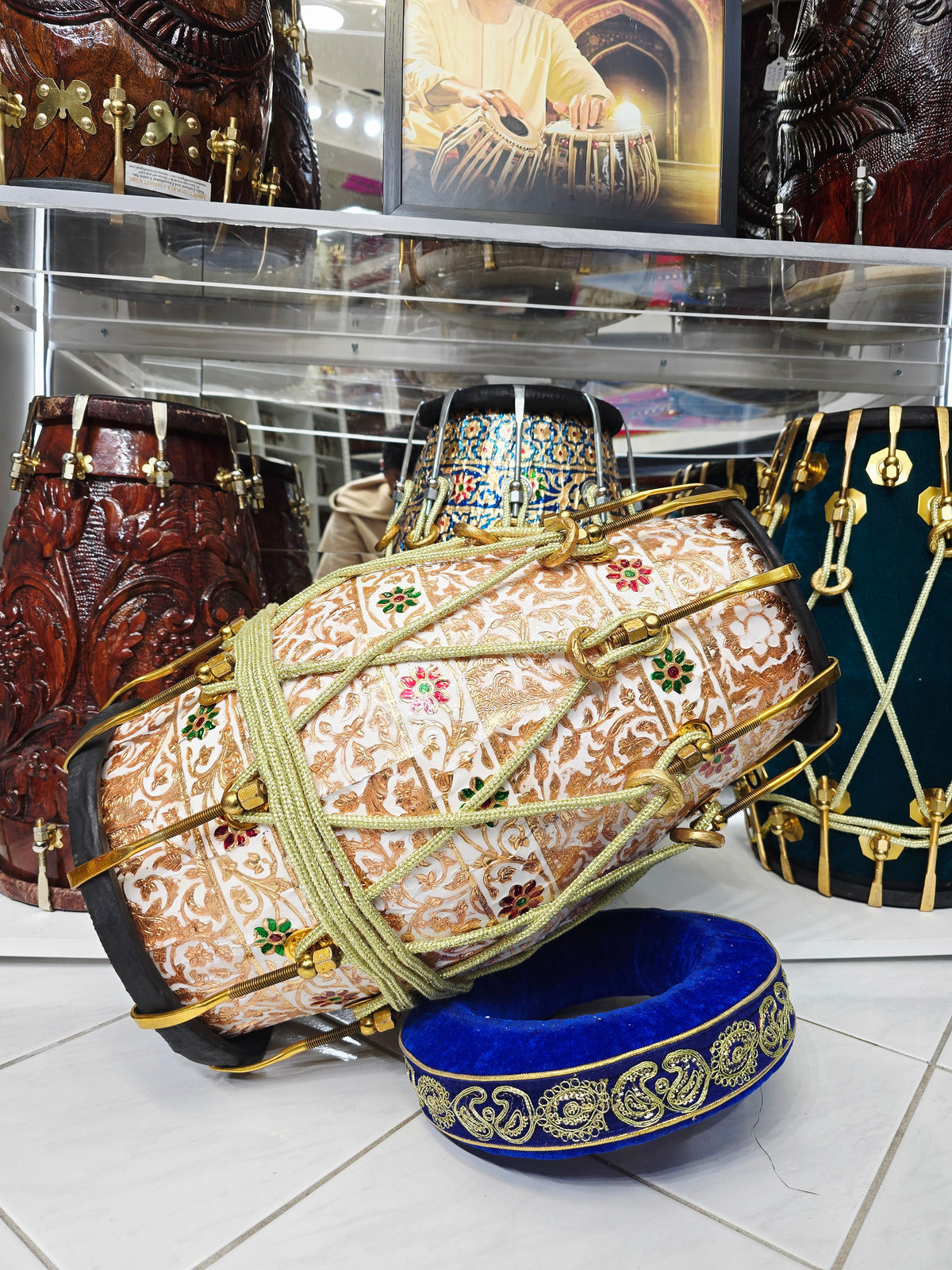 Mughal Bloom White & Gold Designer Dholak – Heavyweight Red Sheesham, Black Skins, Gold Bolts (Studio Tone) *Minor imperfections in wrap*