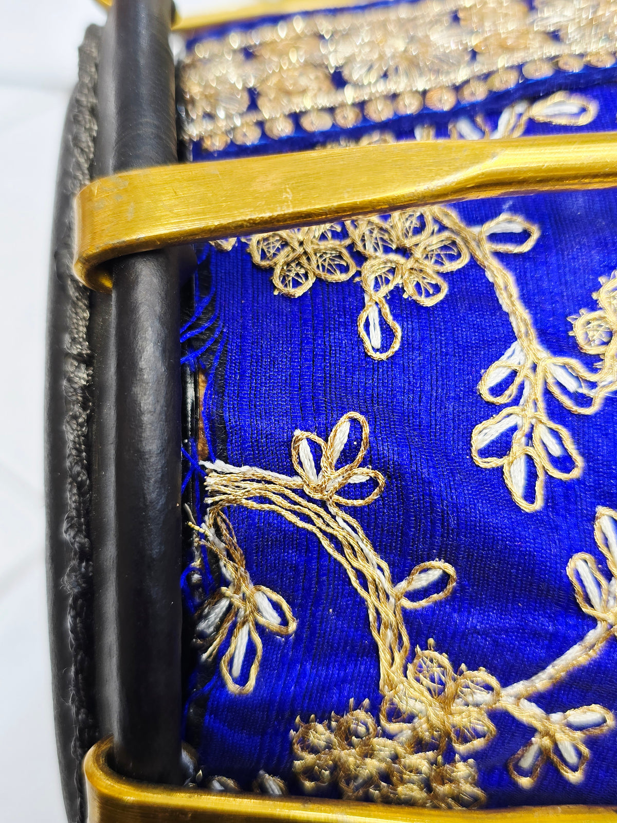 Royal Heritage: Blue and Gold Sherwani Wrapped Red Sheesham Dholak with Reverse Syaahi Thin Rimmed Skin and Black Skins *Minor Cosmetic Defects *Exceptional Tone