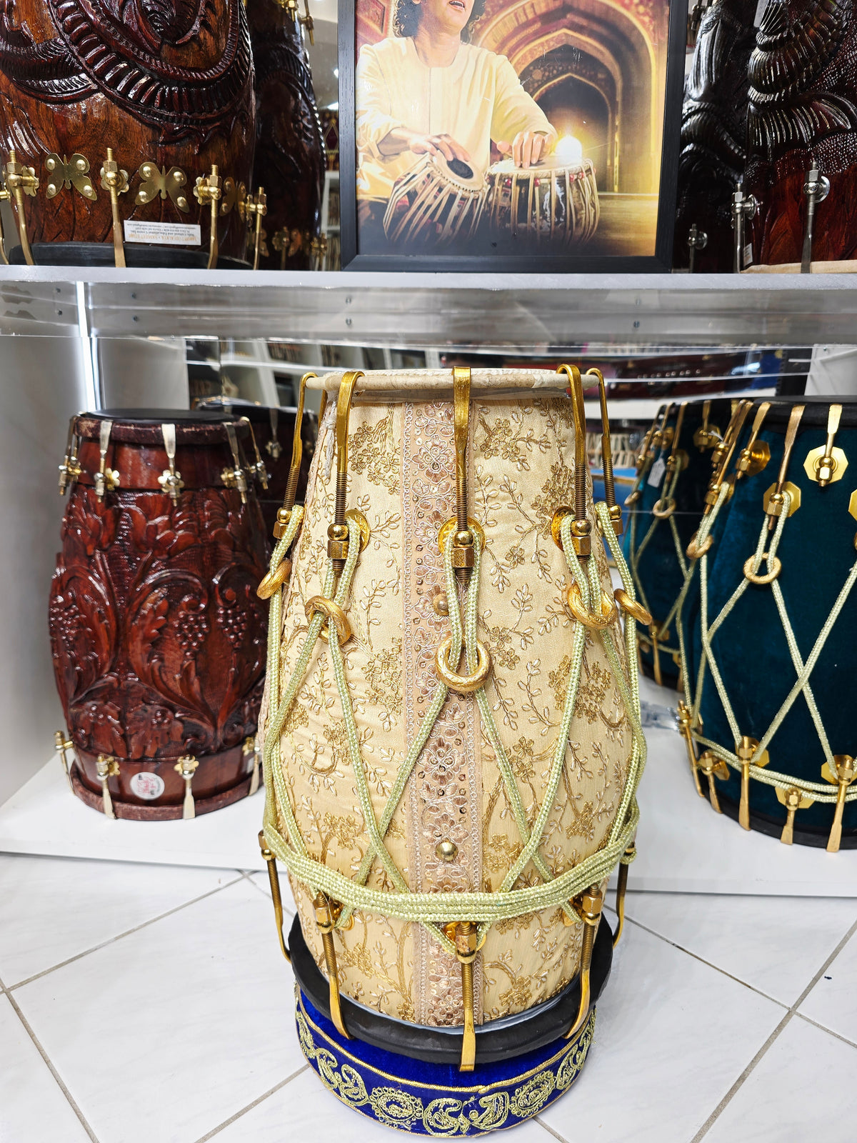 Noor Taal – Cream Embroidered Dholak with Black Bass & Treble Skin Contrast: 50% Deposit Link - Sangeet Store