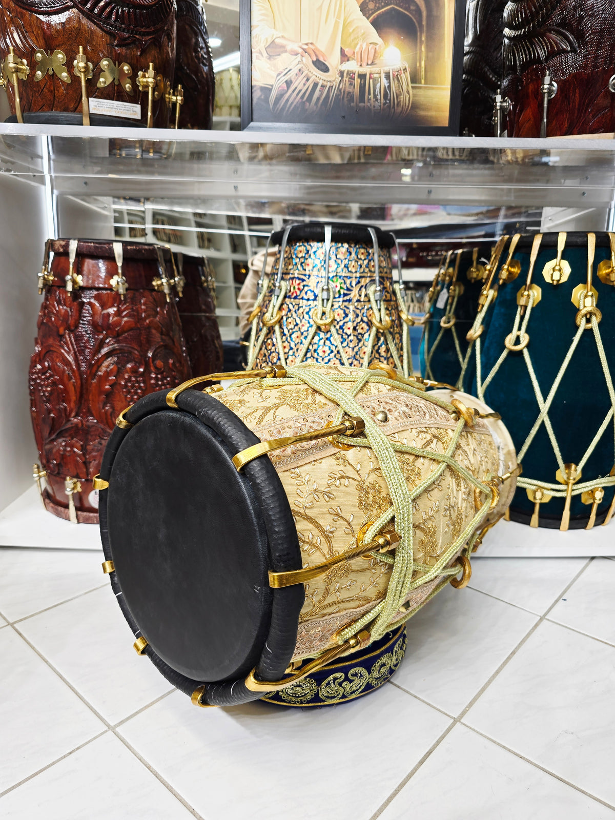 Noor Taal – Cream Embroidered Dholak with Black Bass & Treble Skin Contrast: 50% Deposit Link - Sangeet Store