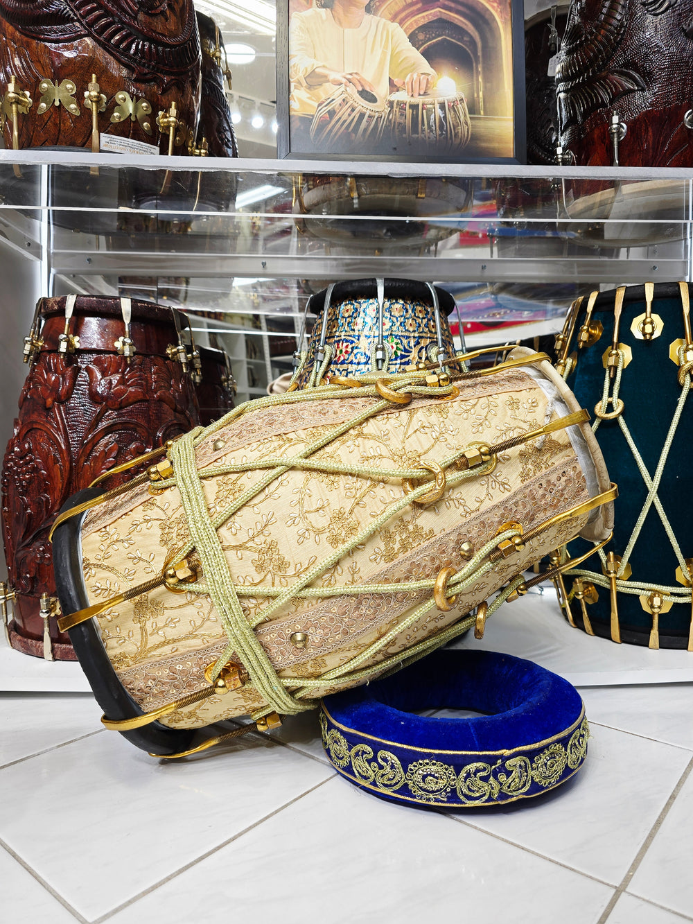 Noor Taal Cream Embroidered Dholak With Black Bass Treble Skin Con noor-taal-cream-embroidered-dholak-with-black-bass-treble-skin-con