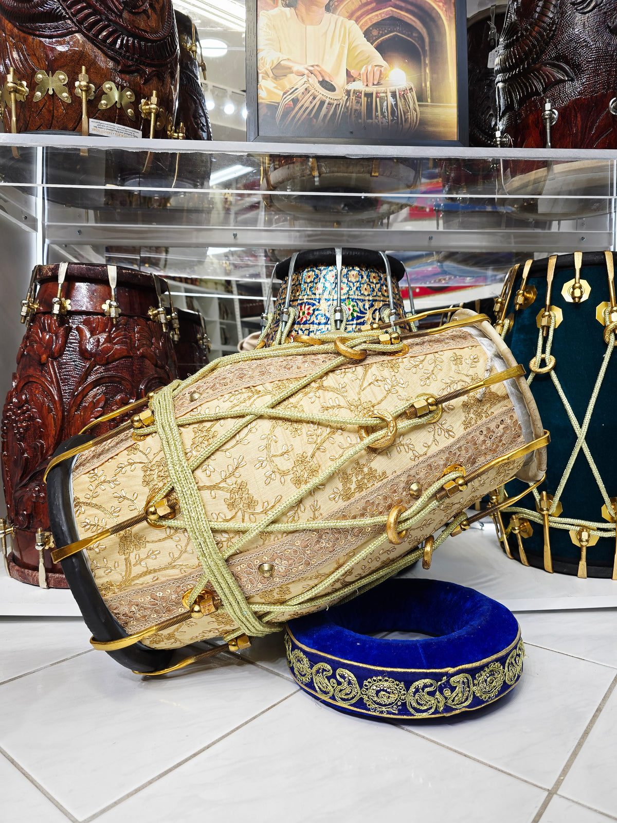 Noor Taal – Cream Embroidered Dholak with Black Bass & Treble Skin Contrast: 50% Deposit Link - Sangeet Store