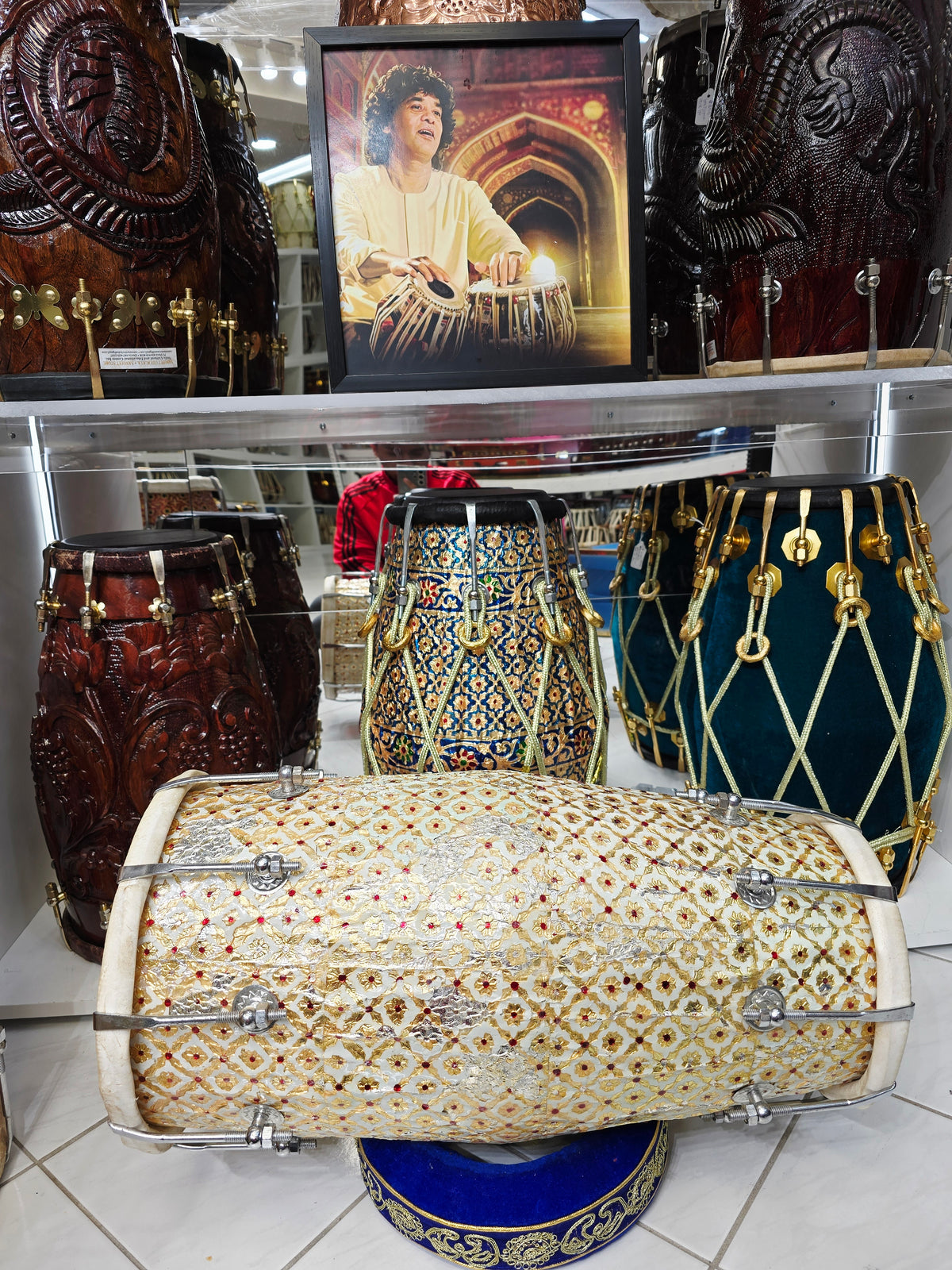 ZarEcho – Designer-Wrapped Cream Mango Wood Dholak (Heavily Chipped Wrap, Very Delicate) - Sangeet Store