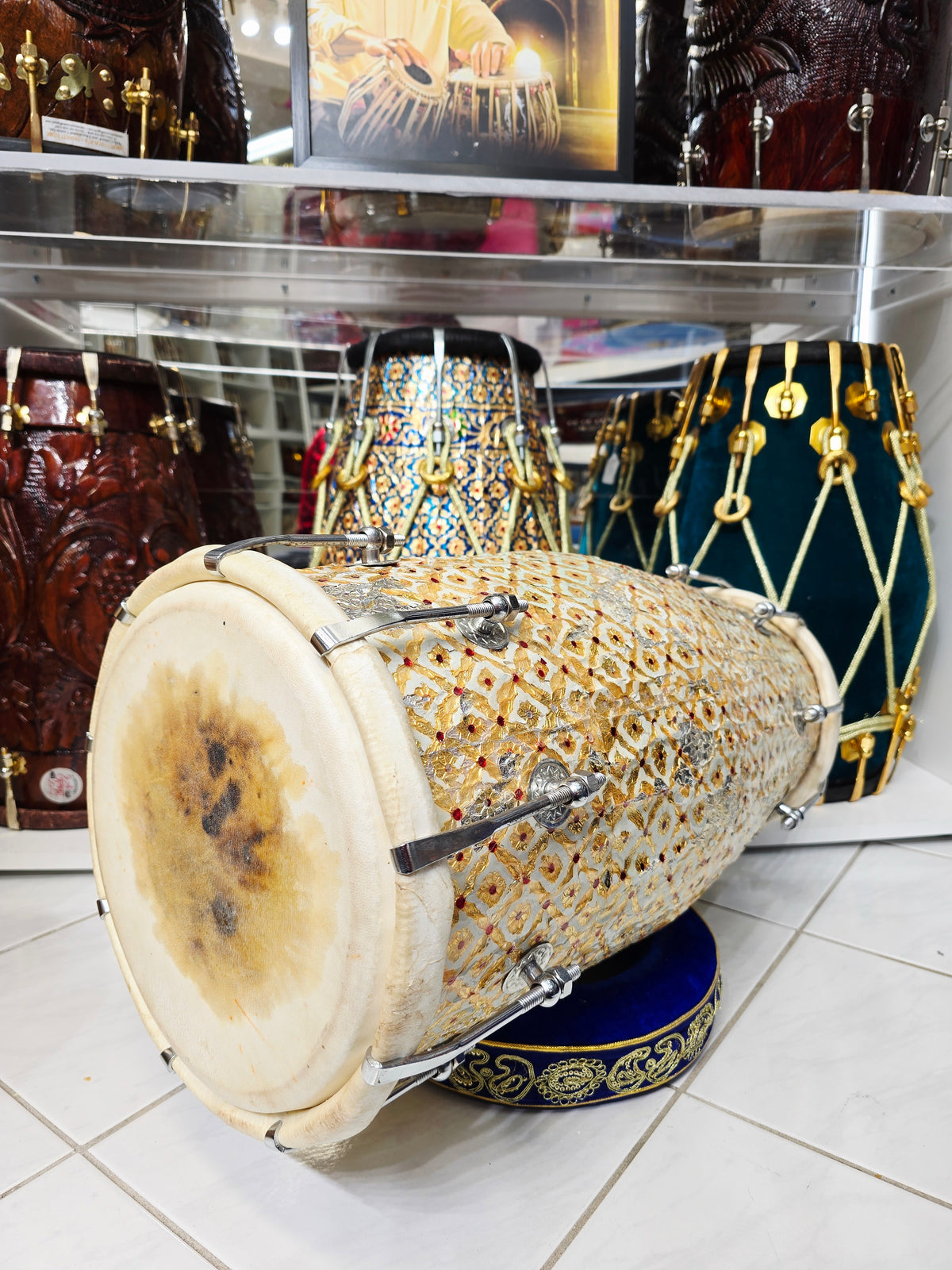 ZarEcho – Designer-Wrapped Cream Mango Wood Dholak (Heavily Chipped Wrap, Very Delicate) - Sangeet Store