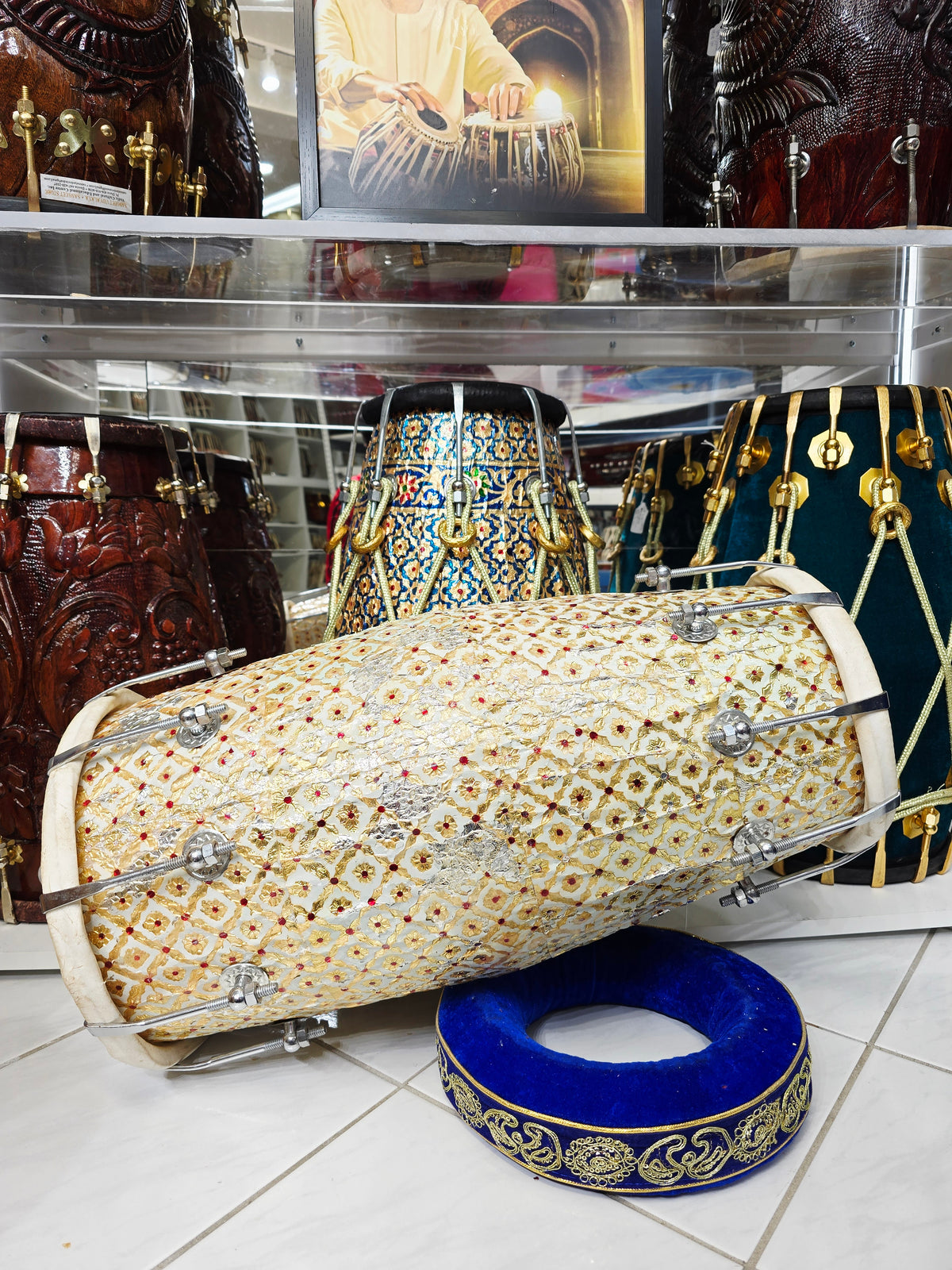 ZarEcho – Designer-Wrapped Cream Mango Wood Dholak (Heavily Chipped Wrap, Very Delicate) - Sangeet Store