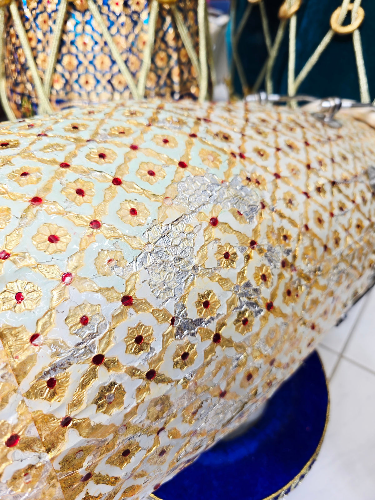 ZarEcho – Designer-Wrapped Cream Mango Wood Dholak (Heavily Chipped Wrap, Very Delicate) - Sangeet Store