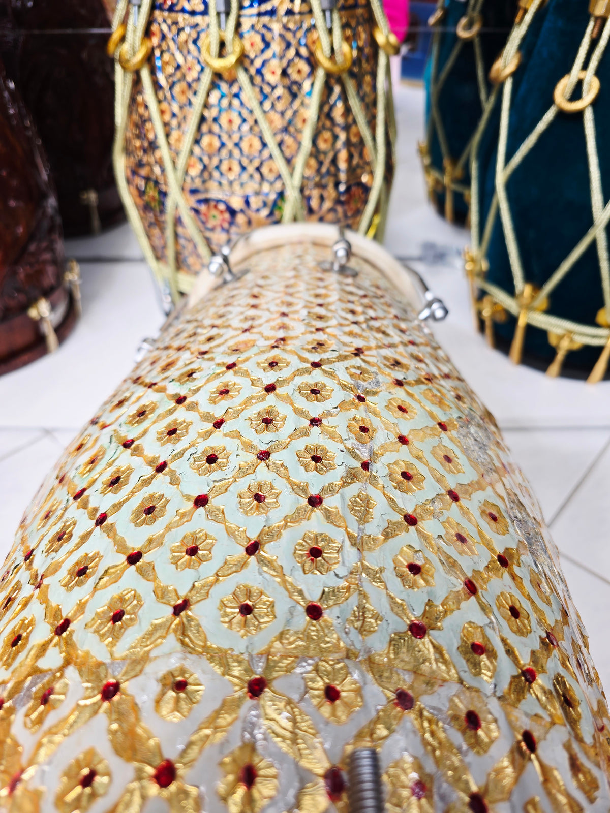ZarEcho – Designer-Wrapped Cream Mango Wood Dholak (Heavily Chipped Wrap, Very Delicate) - Sangeet Store
