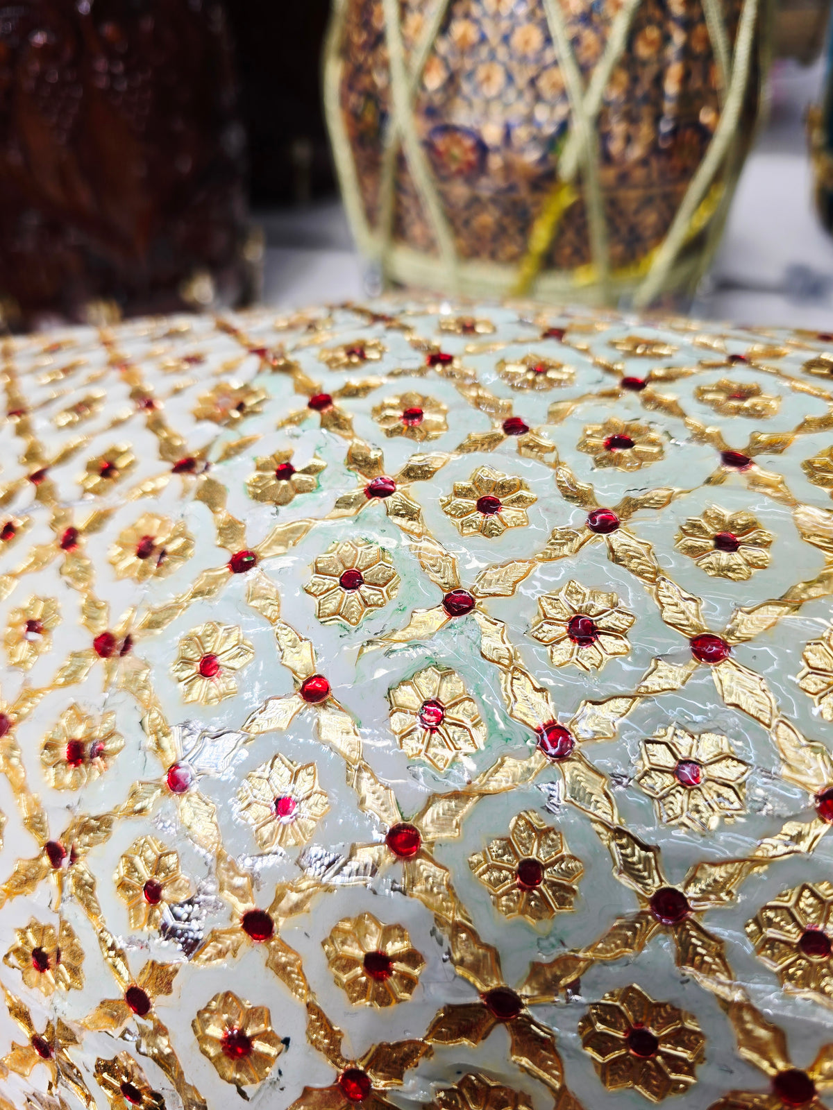 ZarEcho – Designer-Wrapped Cream Mango Wood Dholak (Heavily Chipped Wrap, Very Delicate) - Sangeet Store