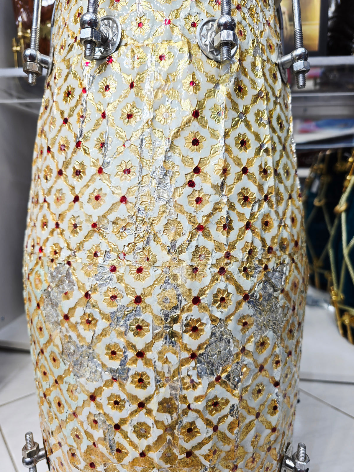 ZarEcho – Designer-Wrapped Cream Mango Wood Dholak (Heavily Chipped Wrap, Very Delicate) - Sangeet Store